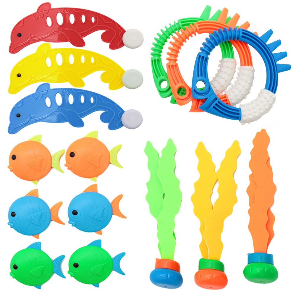 **15Pcs Pool Diving Toys Set for Kids - Underwater Swim Toys with Sparkling Gems, Rings, Torpedoes & Sea Grass Sticks - Summer Water Games for Boys & Girls Ages 6-10 - Includes Storage Bag for Easy Travel & Pool Parties**