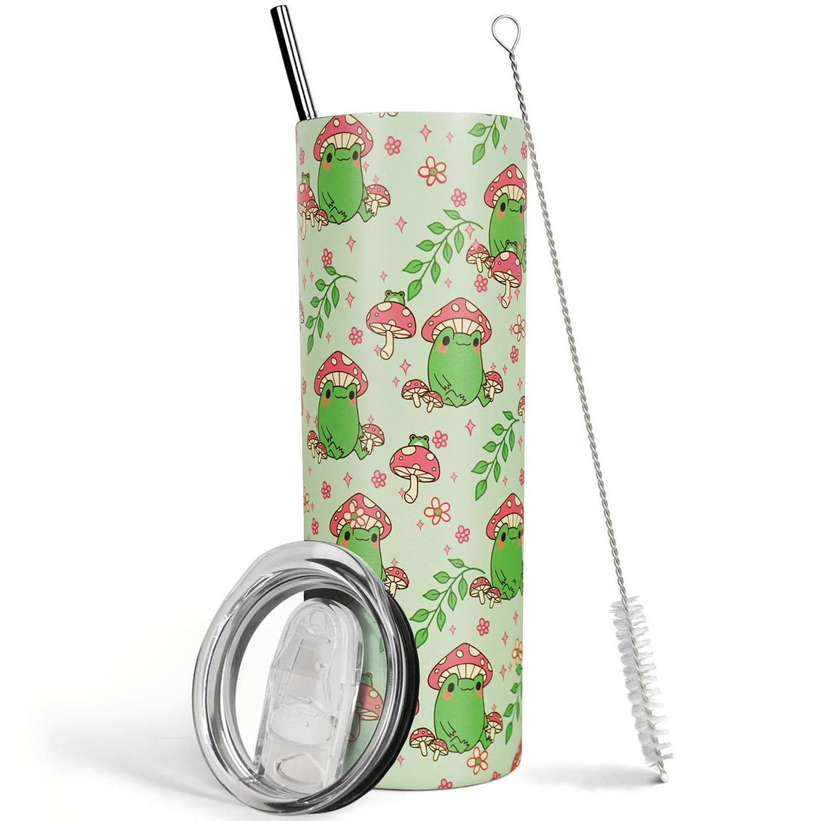 Cute Green Kawaii Frog Mushroom Tumbler with Lid & Straw - 20oz Insulated Cup for Women, Girls | Kawaii Frog Gifts, Decor & Accessories | Perfect for Home, Office, School & Travel Use
