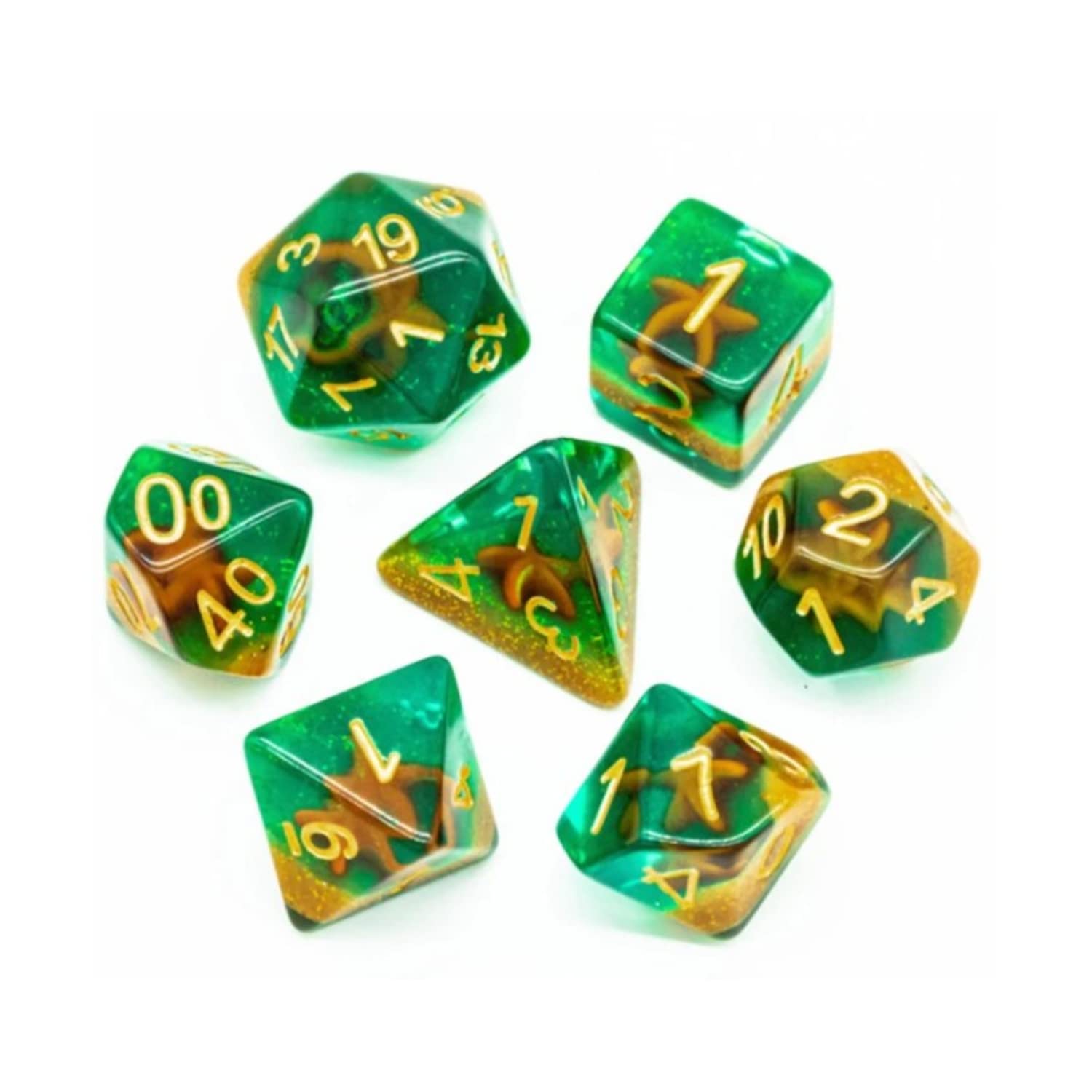 Premium Foam Brain Games Polyhedral Dice Set - Sand Sifting Starfish Design with Gold Accents (7-Piece) | Perfect for D&D, RPGs, and Tabletop Gaming Adventures