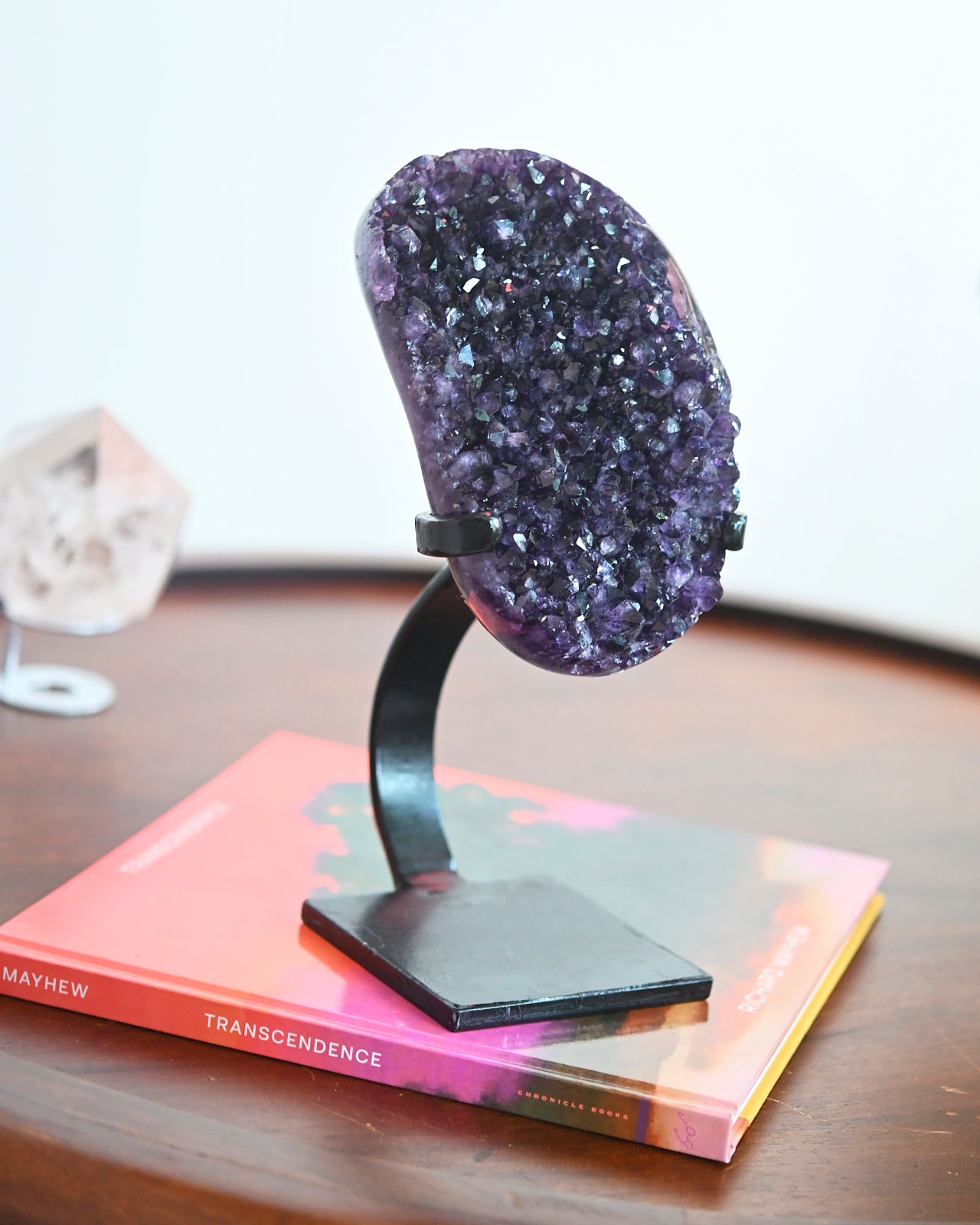 Natural Amethyst Crystal Geode on Wooden Stand - 5 lbs Raw Purple Quartz Cluster - Home Decor, Meditation Stone, Healing Crystal Gift for Spiritual Healing & Office Desk Decor