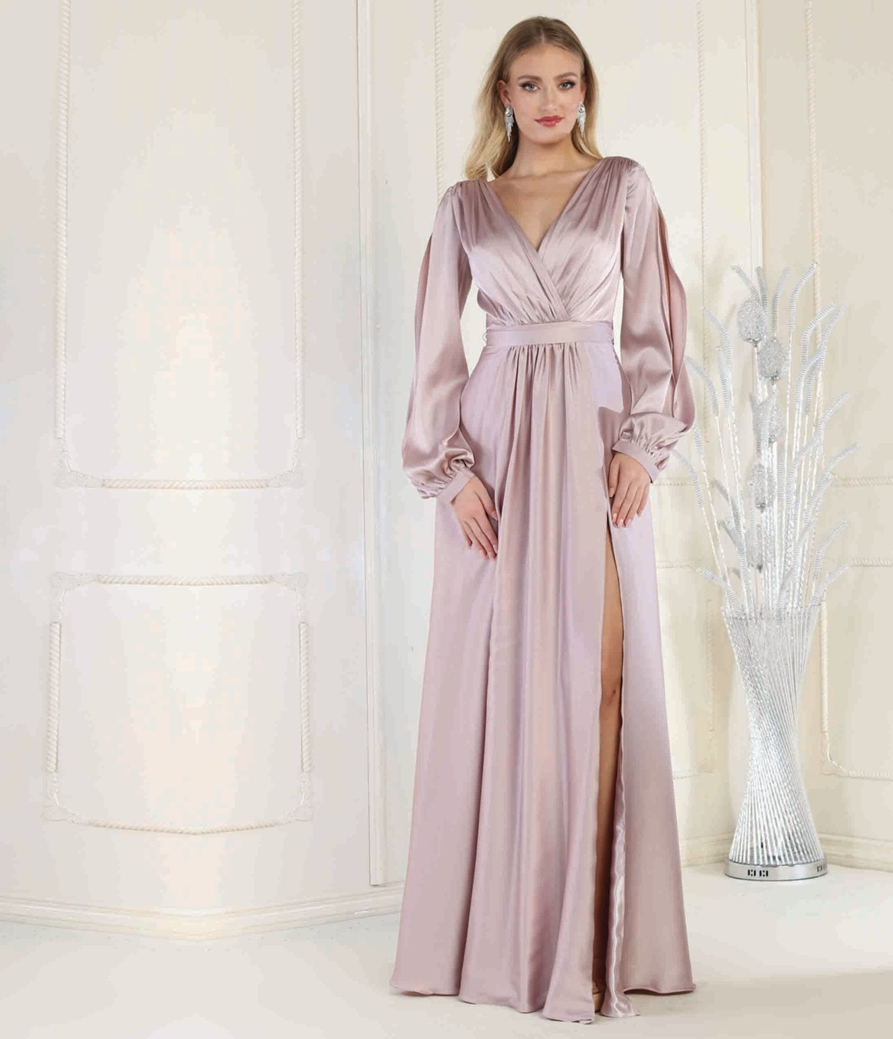 Elegant Mauve Satin Long Sleeve Maxi Dress for Women - Formal Evening Gown for Weddings, Prom, and Special Occasions
