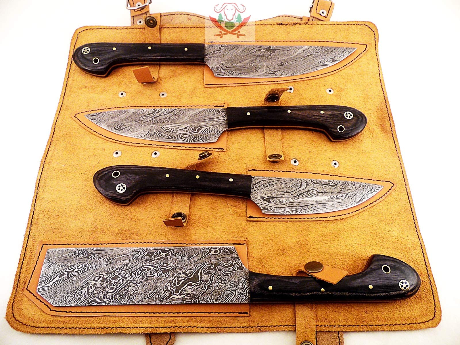 Premium Damascus Steel Chef Knife Set - 4-Piece Handcrafted Kitchen Knives with Wood Handle for Cooking, Slicing & BBQ - Perfect Gift for Home Chefs & Culinary Enthusiasts