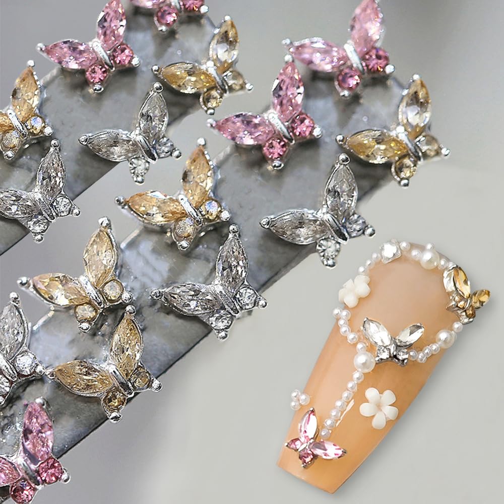 3D Butterfly Nail Charms - White Champagne Pink Rhinestone Crystal Butterflies for Nail Art, Nail Design, and Nail Decor | Perfect for DIY Nail Art, Salon Manicures, and Special Occasion Nail Accessories