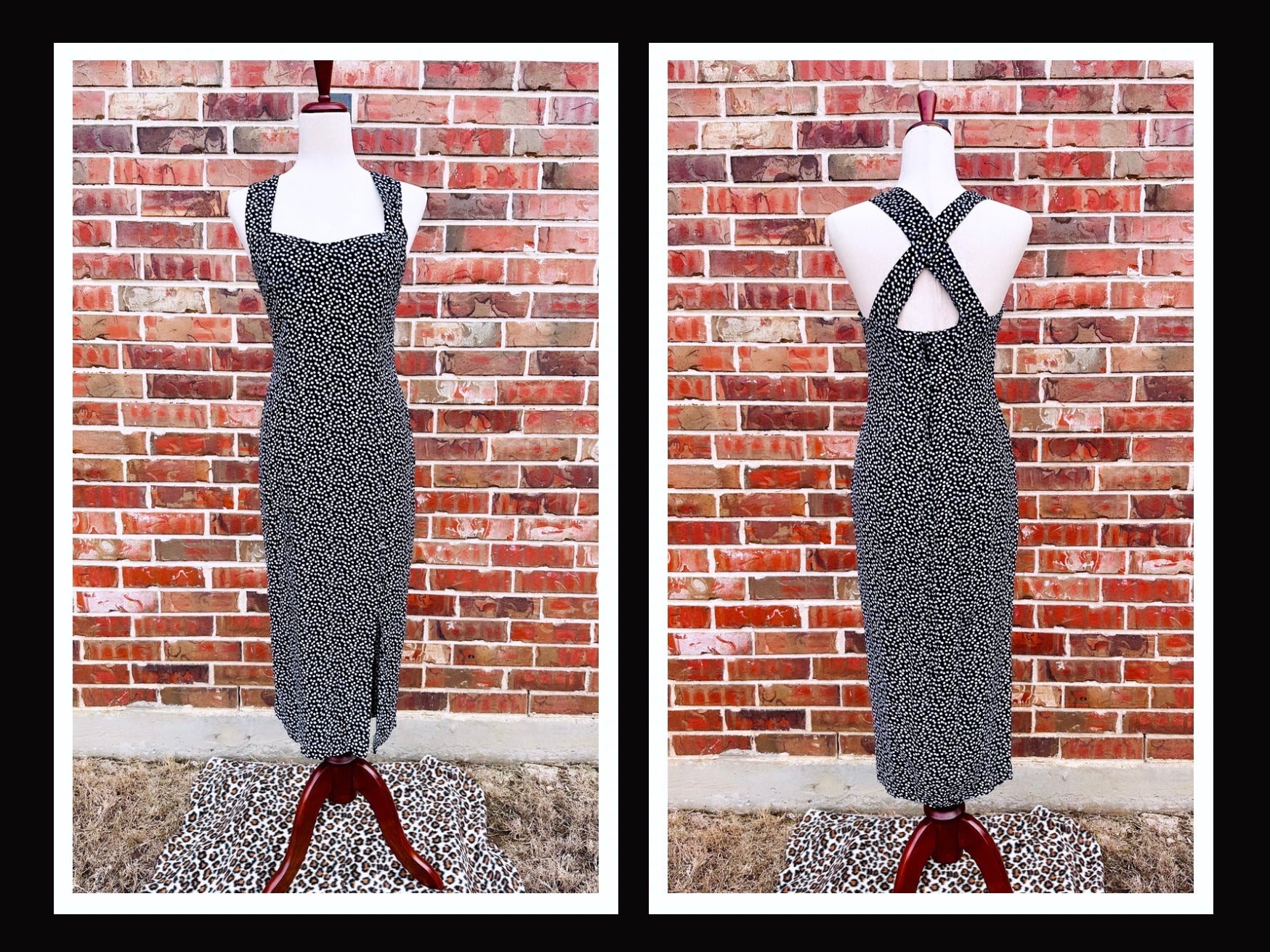 Vintage 1990s Black & White Polkadot Sundress - Rabbit Jr Maxi Dress with Sweetheart Neckline, Cross Back & Side Slit | Retro 90s Fashion, Summer Beach Dress, Boho Chic Outfit for Music Festivals & Date Nights