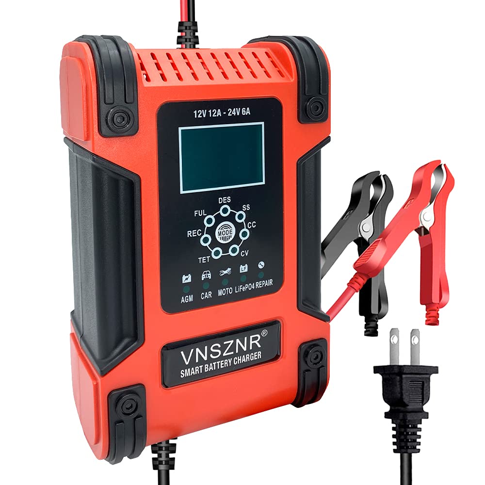 LiFePO4 Battery Charger 12V 12A/24V 6A - Smart Automatic Trickle Charger with Pulse Repair for Motorcycle, ATV, Golf Cart, Lawn Mower, RV, Boat & SUV - Compatible with LiFePO4, AGM & Lead-Acid Batteries - Perfect for Off-Road Vehicles, Marine & Outdoor Power Equipment