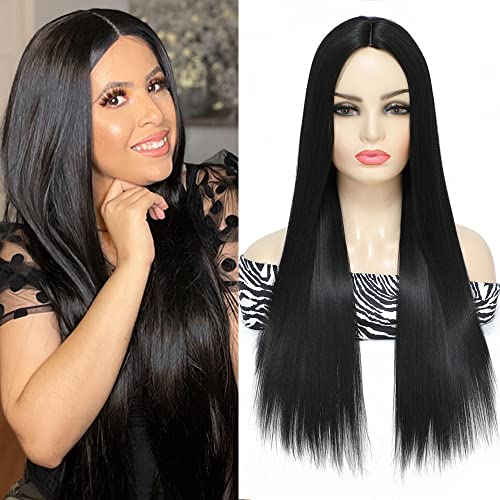 SHINYSHOW 24 Inch Black Synthetic Wig for Women - Middle Part Straight Long Black Hair Wig for Halloween, Cosplay, Parties & Daily Wear - Heat Resistant & Natural Look