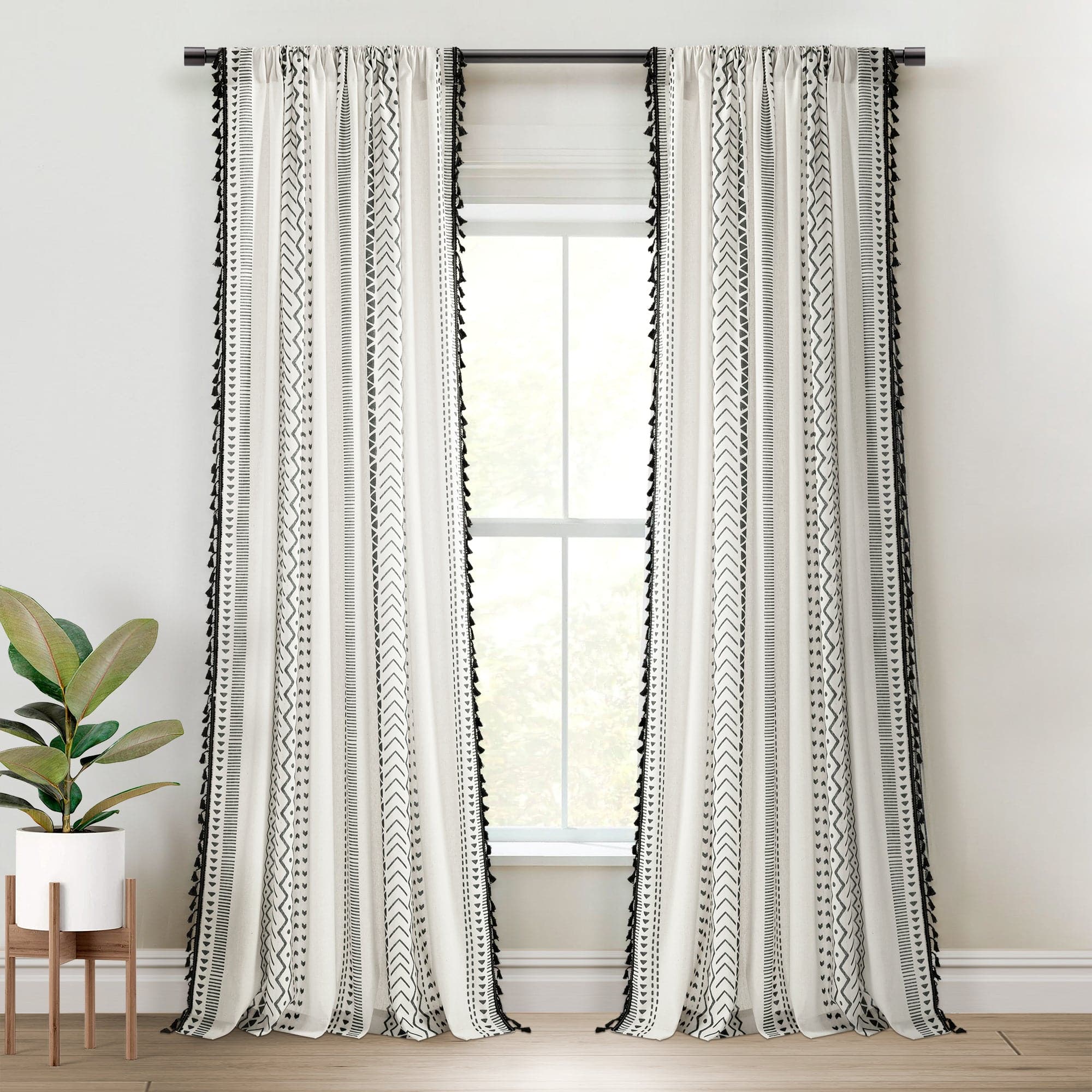Boho Stripe Tassel Window Curtains - Light Filtering Hygge Style Curtain Panels Set for Living Room, Bedroom & Nursery (2 Panels)