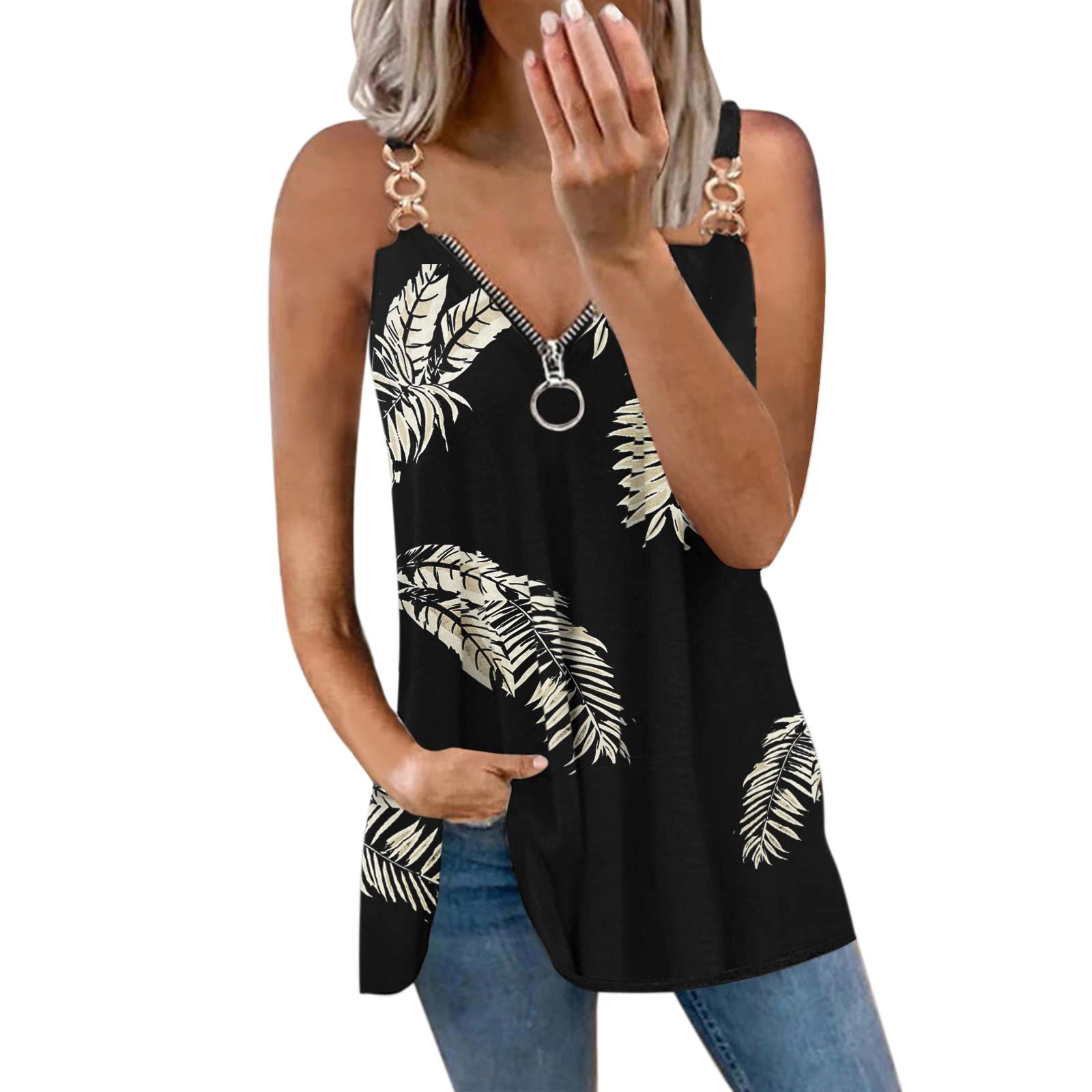Women's Sleeveless Zipper V-Neck Tank Tops - Sunflower Printed Loose Athletic Shirts for Summer Workouts & Casual Wear | Gym, Yoga, Running & Outdoor Activities