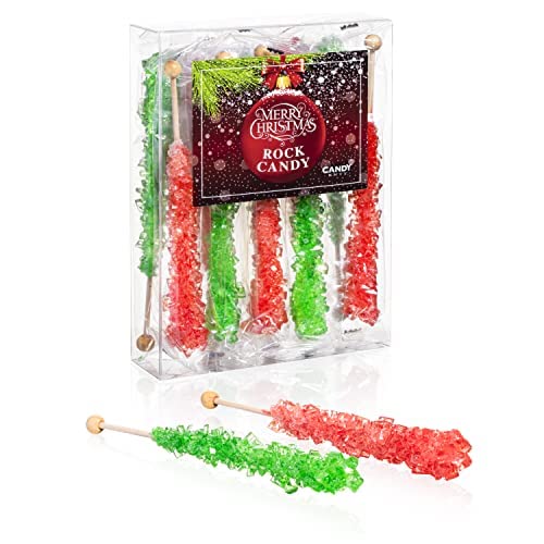 Merry Christmas Rock Candy Sugar Sticks - 10 Individually Wrapped Red & Green Holiday Candy Canes - Perfect for Stocking Stuffers, Party Favors & Christmas Decorations