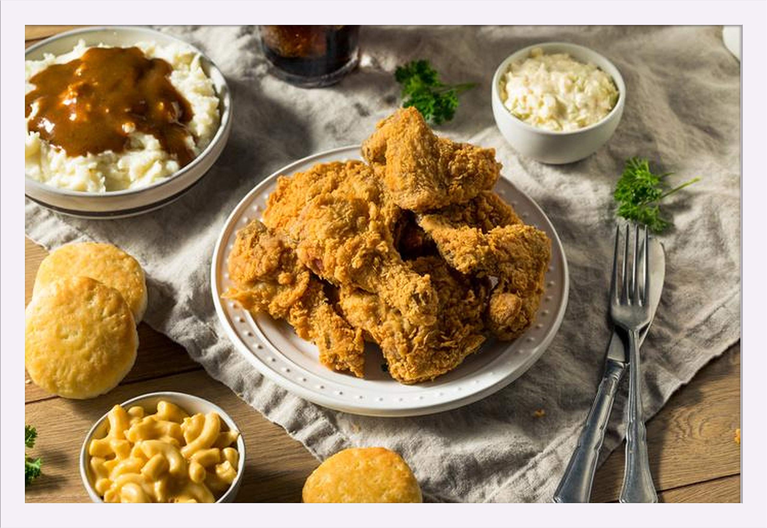 Southern Fried Chicken Dinner Art Print - Homemade Meal with Mashed Potatoes, Corn & Biscuits - 36x24 Inch Giclee Gallery Framed Wall Decor - White Wood Frame - Perfect for Kitchen, Dining Room or Restaurant Decor