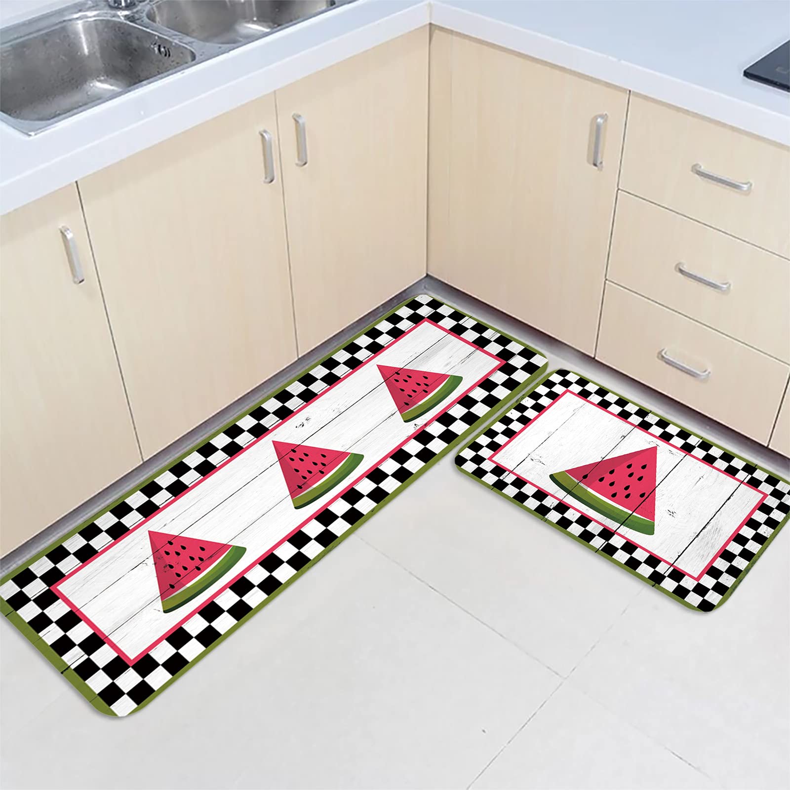 2-Piece Non-Slip Kitchen Floor Mats Set - Watermelon Fruit Pattern on Wood Grain Design, Absorbent Standing Runner Rugs for Home Decor (Red/Green & Black/White Checker) - Perfect for Kitchen, Entryway, and High-Traffic Areas