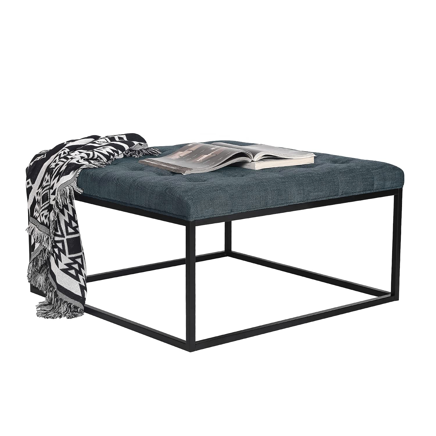 Homebeez Tufted Square Ottoman Coffee Table Footstool Footrest - Large Upholstered Bench for Living Room, Bedroom & Dorm in Blue-Gray | Perfect as Extra Seating, Foot Rest & Stylish Home Decor