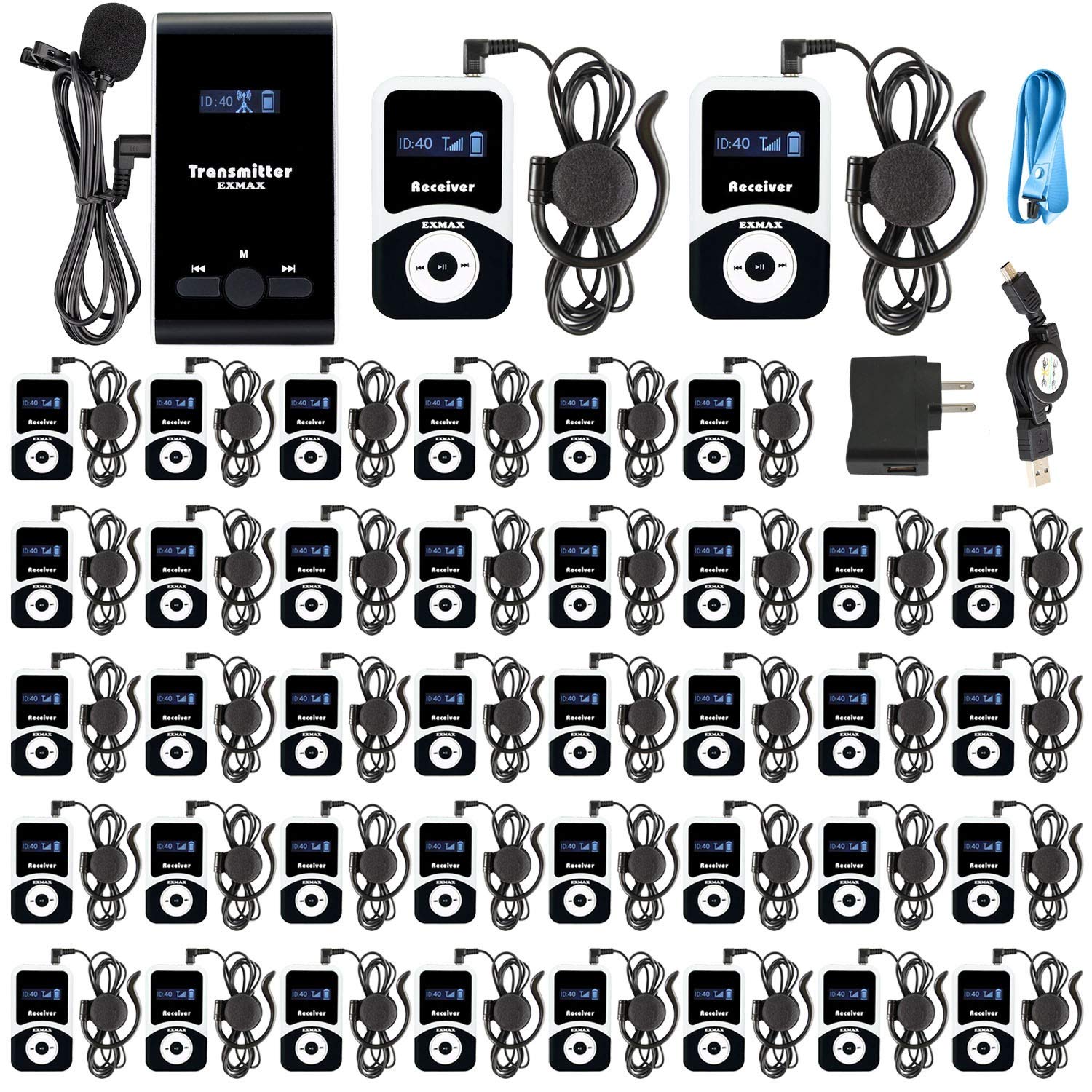 EXMAX EX-100 Wireless Tour Guide System with 1 Transmitter & 40 Receivers - Professional Audio Transmission for Church Translation, Simultaneous Interpreting, Teaching & Conference Use - Clear Voice Monitoring Headset with Acoustic Earphones for Group Communication