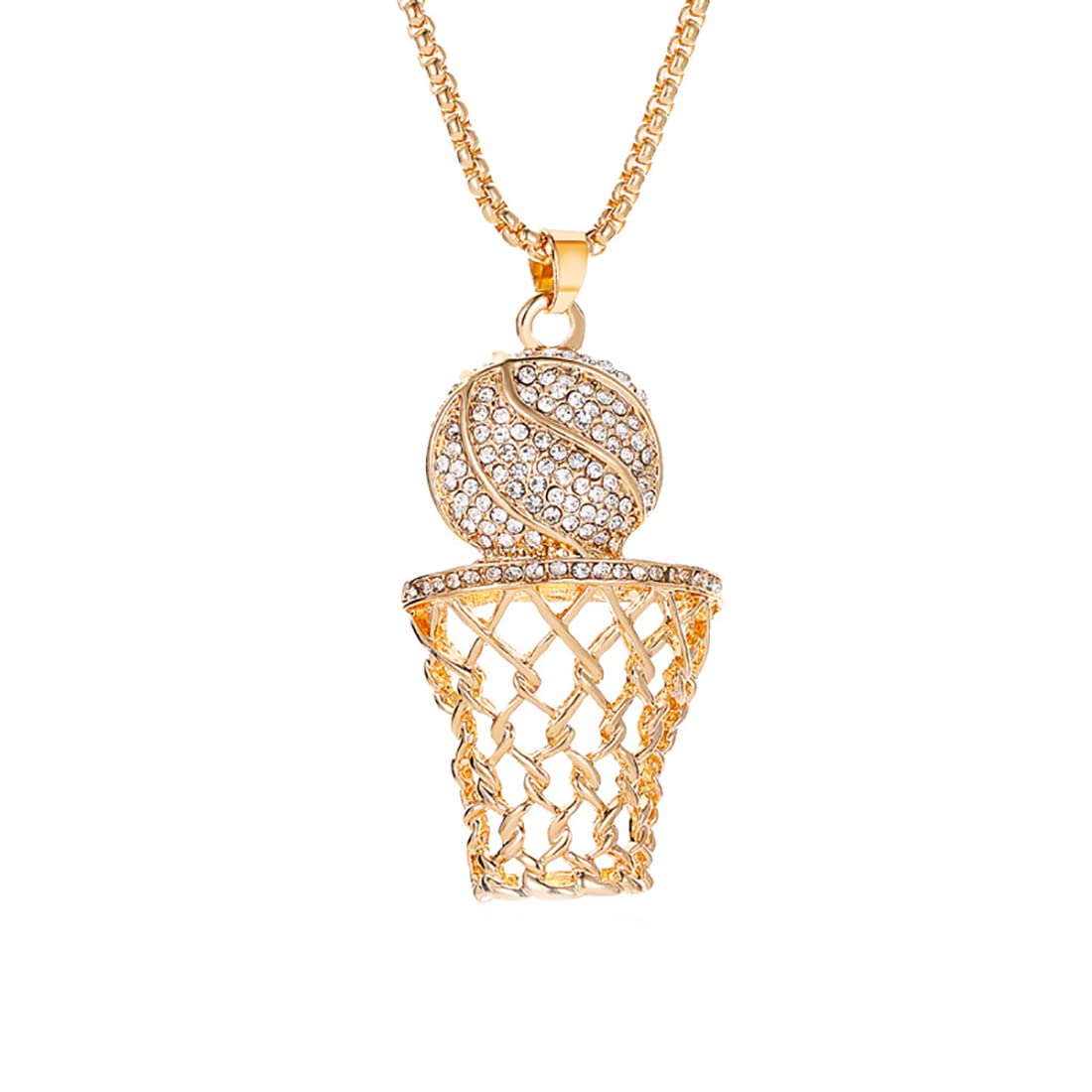 14k Gold Plated Basketball Pendant Necklace for Men & Boys - Hip Hop Rhinestone Basketball Hoop Chain Jewelry - Perfect for Sports Fans, Gifts & Casual Wear