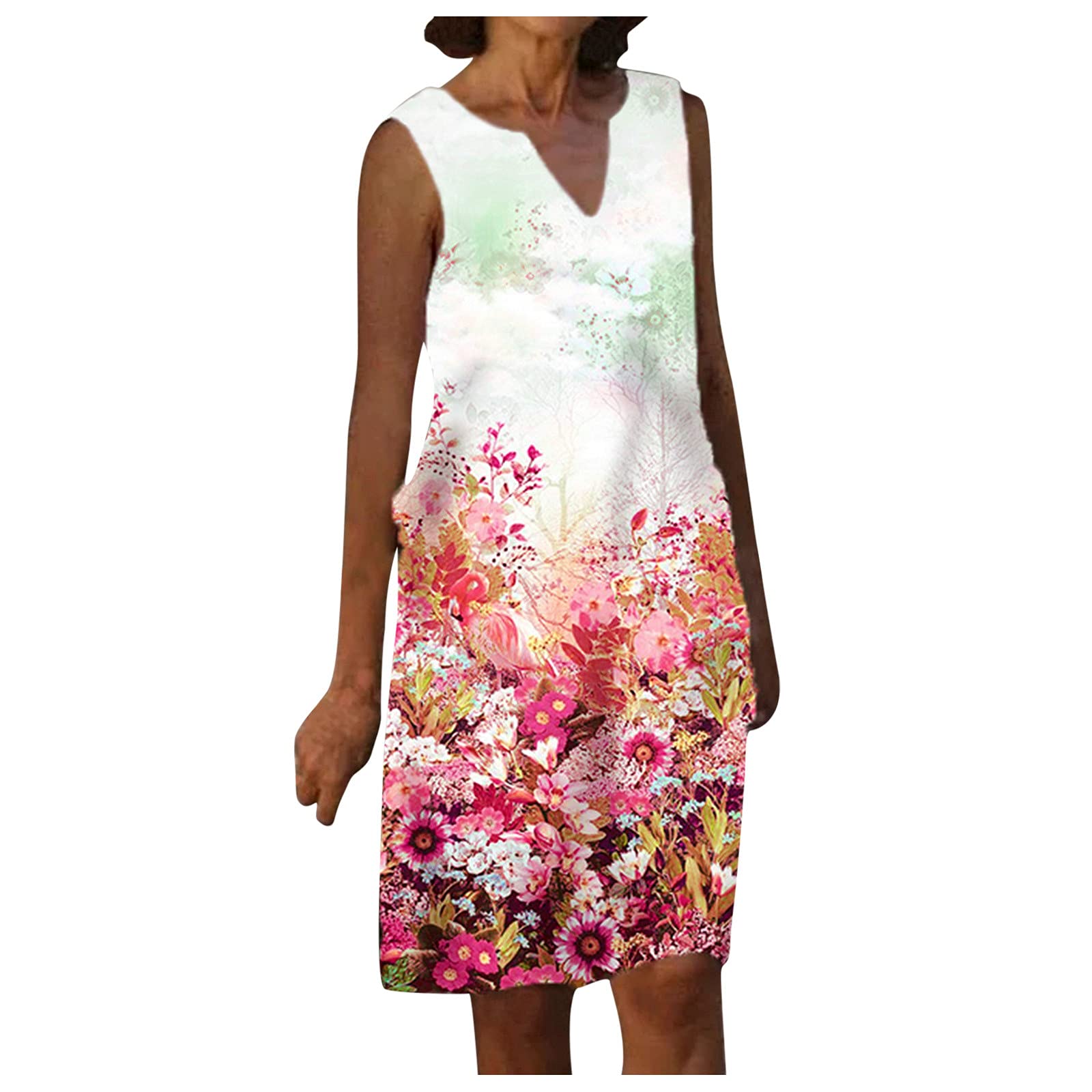 Women's Floral Print V-Neck Sleeveless Shirt Dress - Summer Fashion Tunic Top for Casual Wear, Beach Outfits & Vacation Style