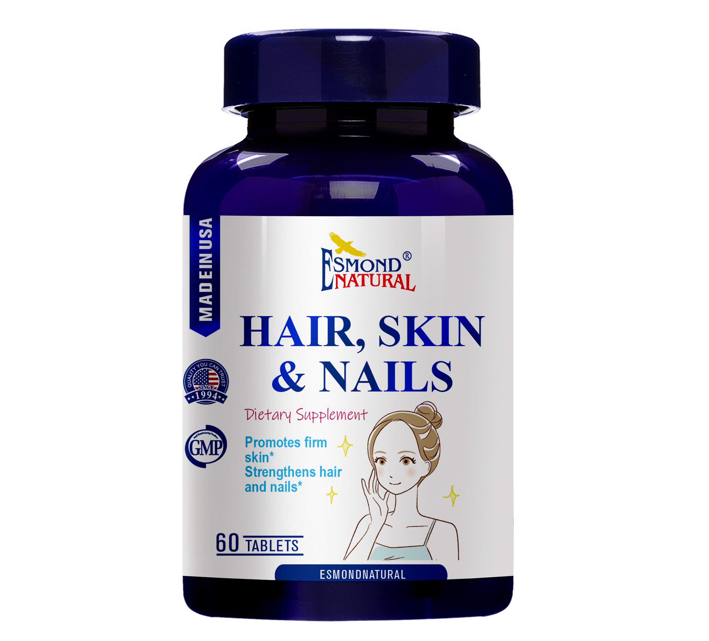 (8 Pack) Esmond Natural Hair, Skin & Nails Vitamins - 480 Tablets | GMP Certified, Made in USA | Promotes Healthy Skin, Strong Hair & Nails | Supports Beauty & Wellness for Women & Men | Perfect for Daily Supplement Routine & Anti-Aging Care