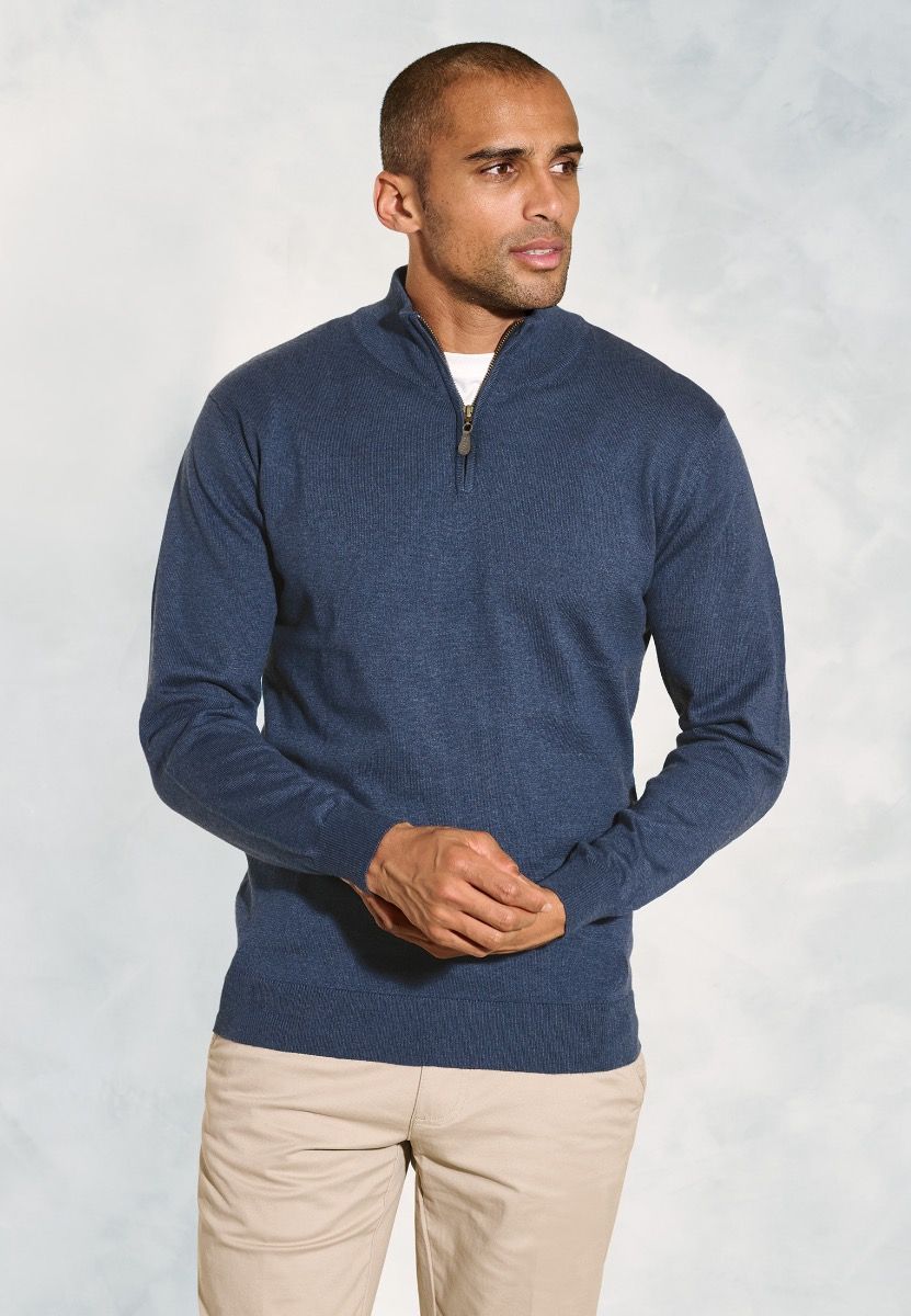 Kirby Blue Cotton Thermolite Zip Neck Jumper for Men - Warm Winter Pullover Sweater for Casual Wear & Outdoor Activities