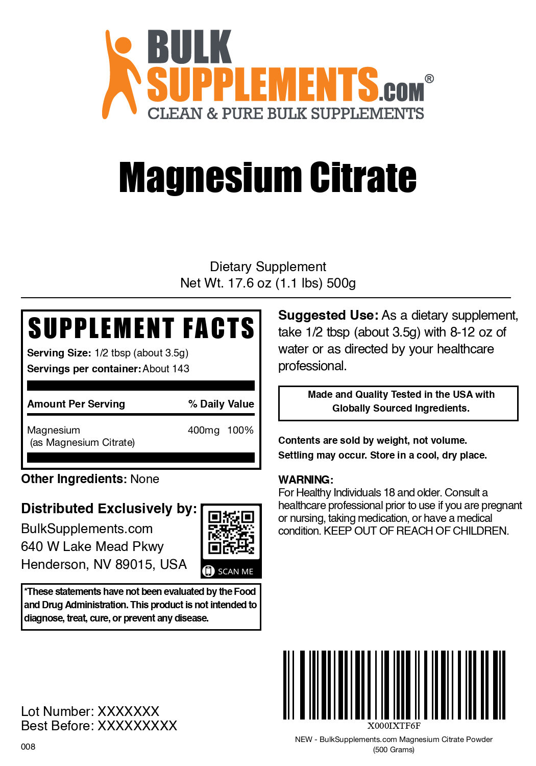 Pure Magnesium Citrate Powder Supplement - Supports Muscle Relaxation & Sleep - Vegan & Non-GMO - Ideal for Athletes & Stress Relief