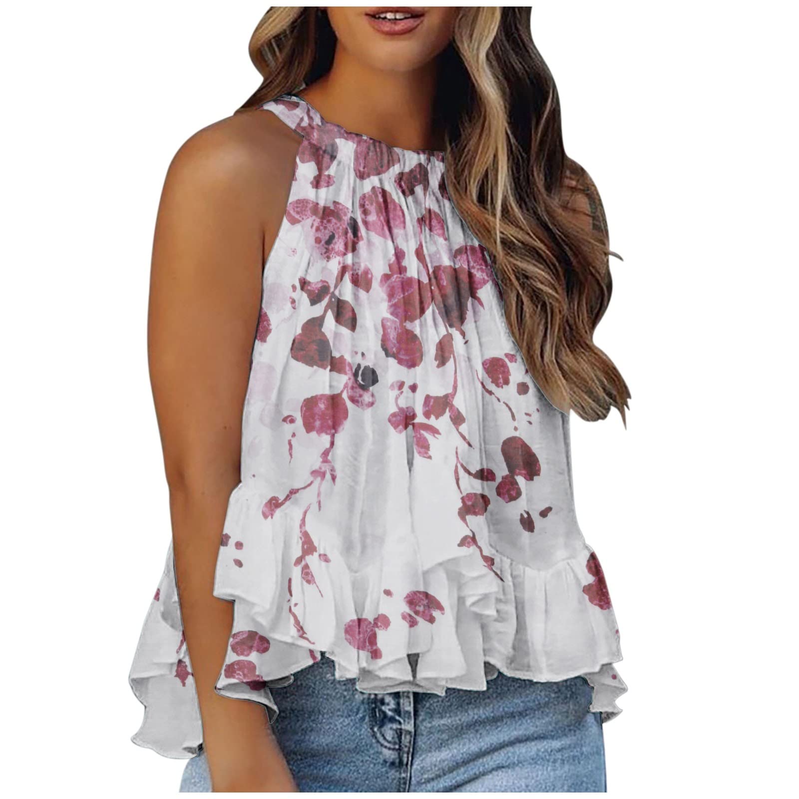 Women's Printed Sleeveless Blouse - Round Neck Ruffled Crop Top for Casual & Dressy Wear | Perfect for Office, Date Night & Summer Outfits