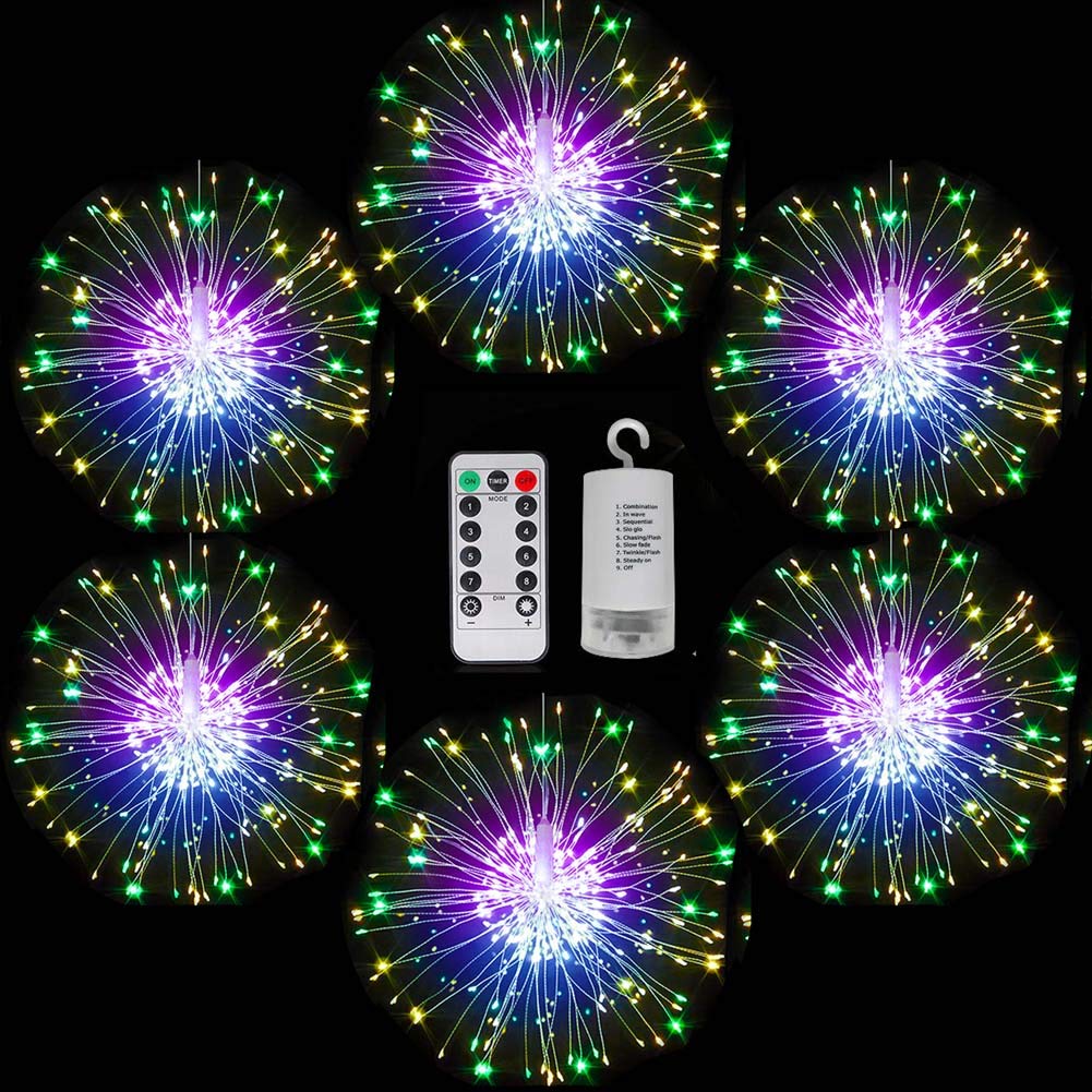 FOOING 6 Pack Firework LED String Lights - 8 Modes Battery Operated Fairy Lights with Remote Control, Copper Wire Starburst Lights for Christmas, Party, Bedroom, Patio & Home Decor - Perfect for Indoor and Outdoor Holiday Lighting