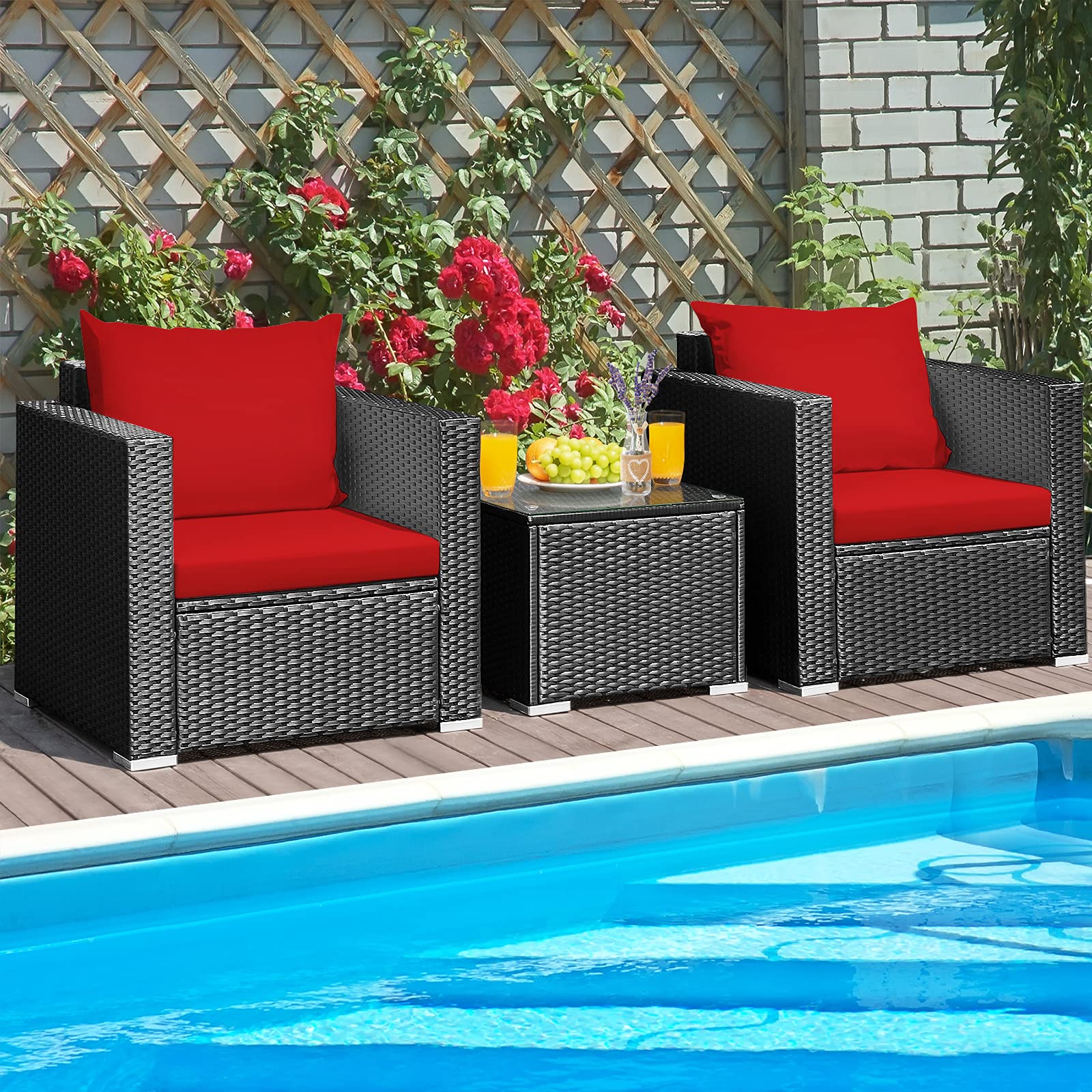 HappyGrill 3-Piece Rattan Wicker Patio Furniture Set with Coffee Table & Cushions - Outdoor Conversation Sofa Set for Garden, Balcony, Porch, Poolside - Perfect for Relaxing, Entertaining & Lounging in Your Backyard