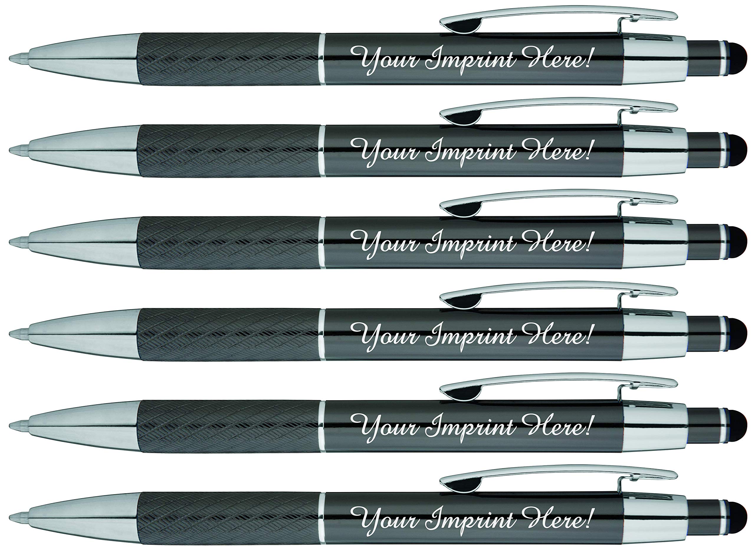 Premium Customized Metal Pens with Stylus - Personalized Engraved Name/Logo Ballpoint Pens - 6 Pack Black Ink Gift Set (Gray) - Perfect for Corporate Gifts, Business Promotions & Office Use