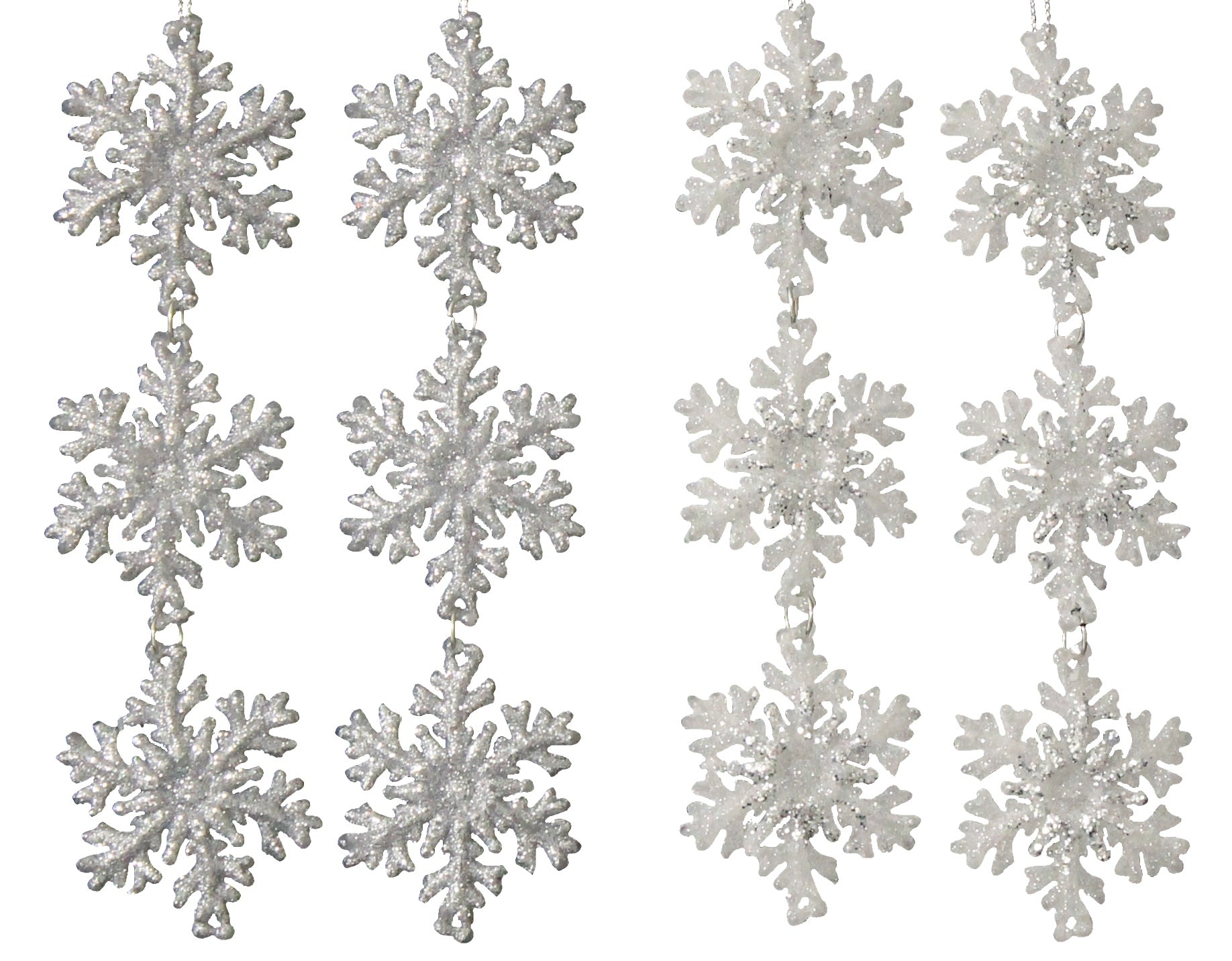 2 Pack Silver & White Glitter 3-Tier Snowflake Christmas Tree Ornaments - Perfect for Holiday Decor, Winter Wedding Centerpieces & DIY Craft Projects