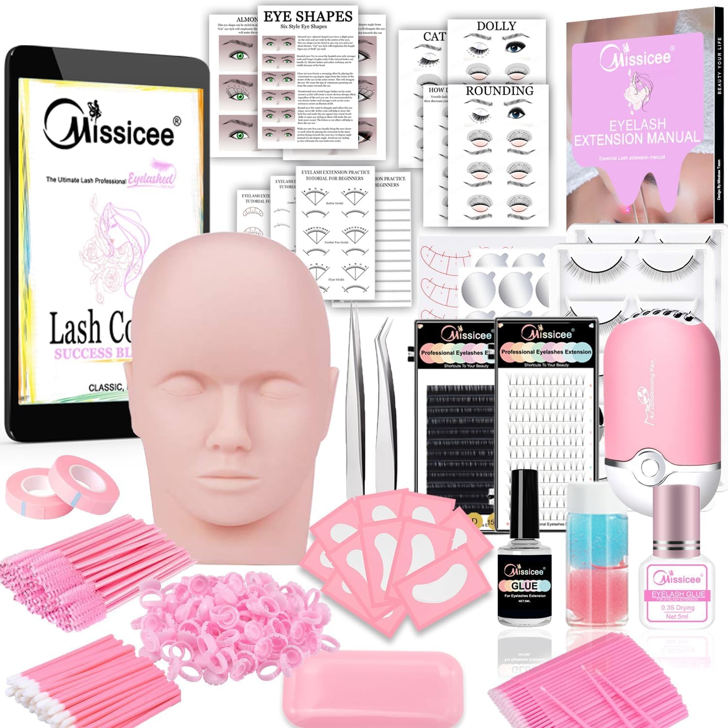 Professional Eyelash Extension Kit for Beginners - Mannequin Head, False Lashes, Glue, Tweezers & Lash Fan Dryer - Complete Lash Training Set for Salon & Home Practice