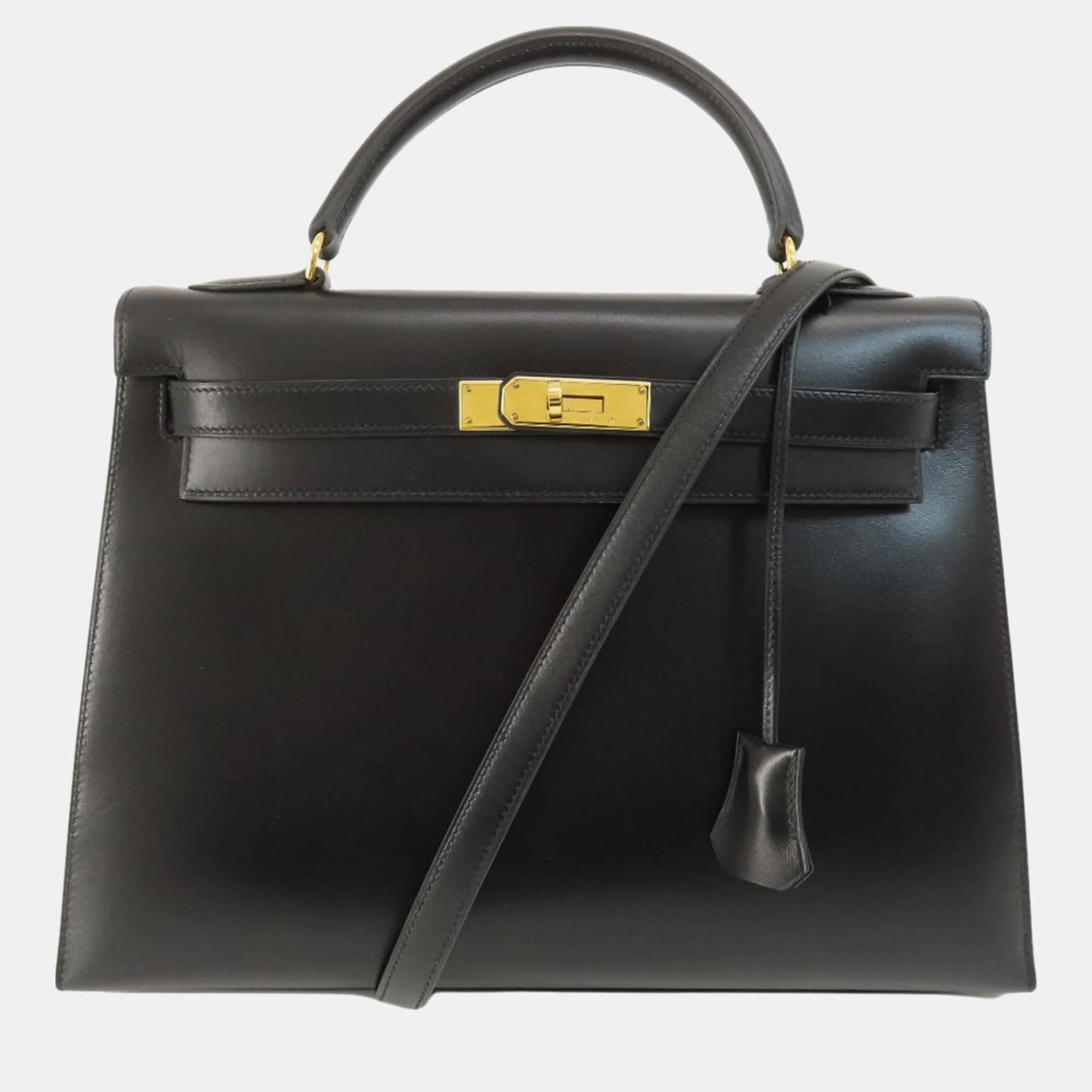 Luxury Black Box Calf Leather Kelly 32 Handbag for Women | Designer Shoulder Bag | Elegant Evening & Wedding Purse | Perfect for Date Night, Office & Special Occasions