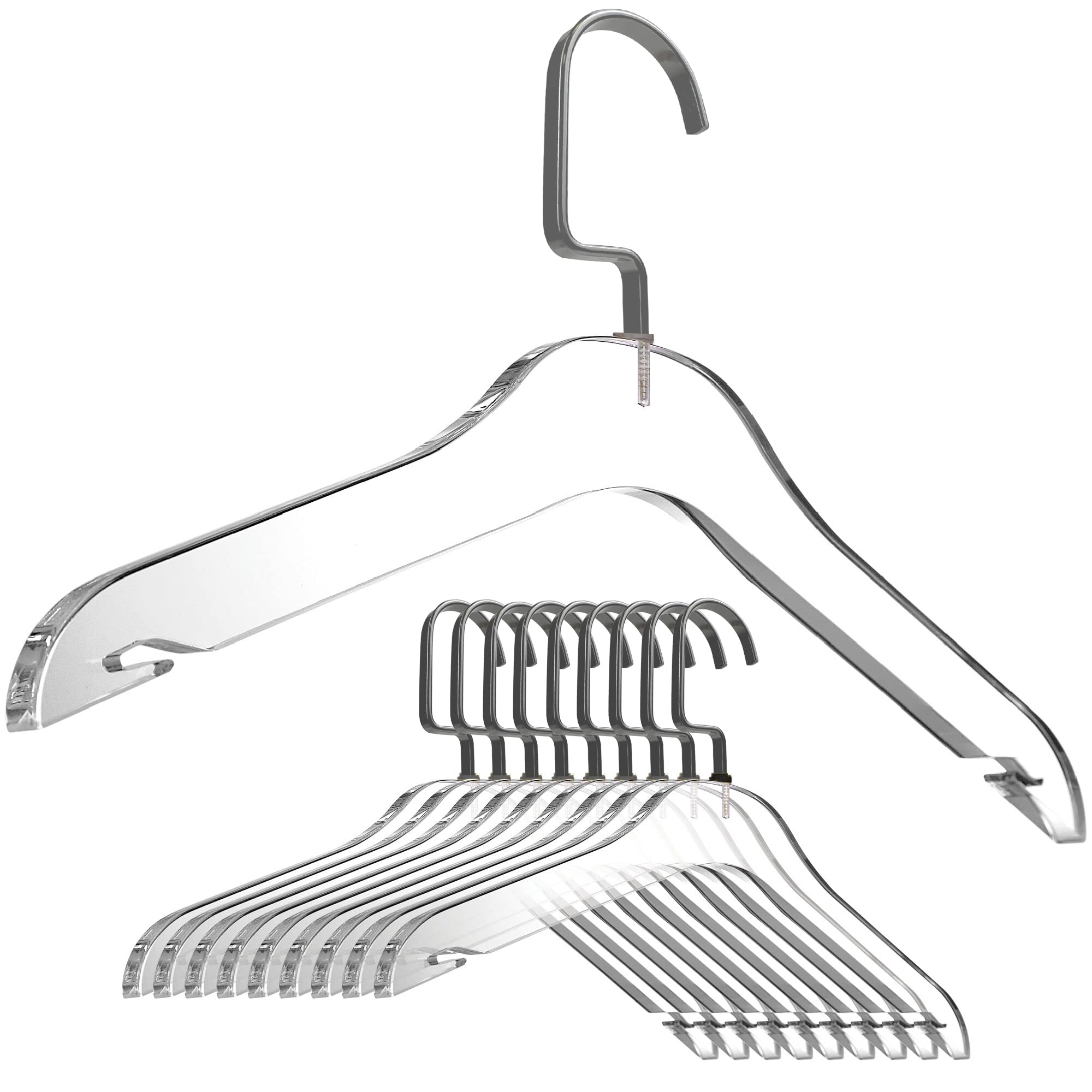Clear Acrylic Clothes Hangers 10 Pack - Heavy Duty Non-Slip Hangers with Chrome Steel Hooks for Jackets, Sweaters & Dresses - Space Saving Closet Organizer for Home, Office & Travel (Matte Black)