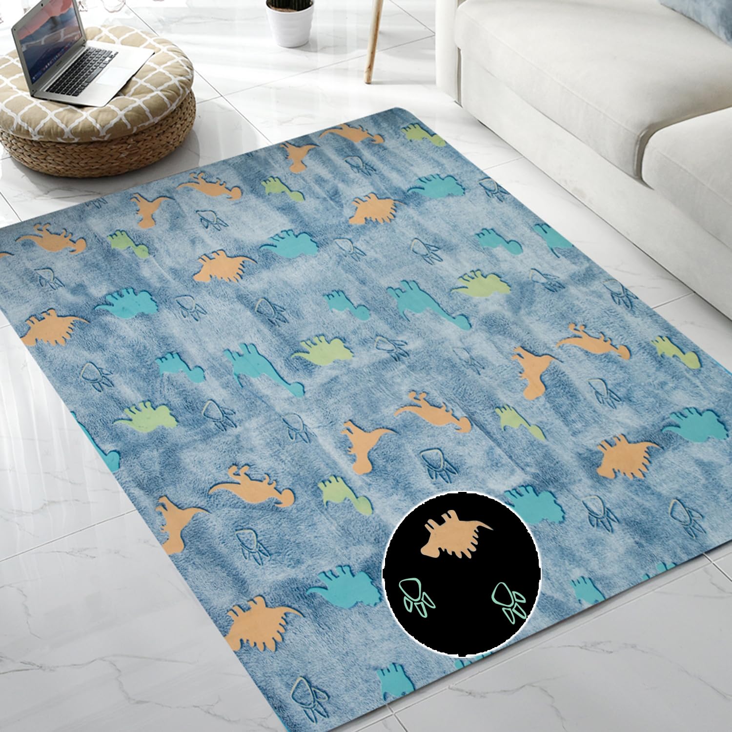 QH Seamless Dinosaur Pattern Glow in The Dark Area Rug - 5'x6' Soft Kids Room Rug for Bedroom, Living Room & Playroom - Fun Nighttime Glow Decor for Children's Spaces