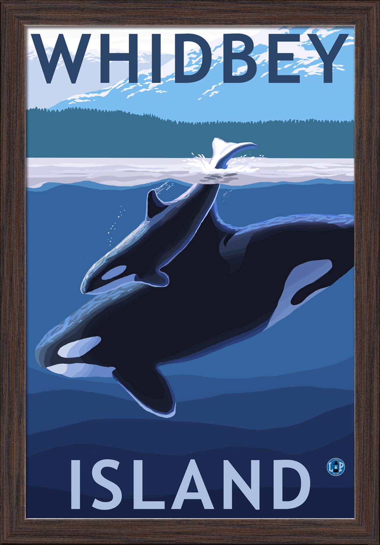 Whidbey Island Washington Orca and Calf Art Print - 16x24 Giclee Fine Art Reproduction in Eco-Friendly Recycled Wood Frame (Espresso Brown) - Perfect for Coastal Home Decor, Office Wall Art & Nature Lover Gifts
