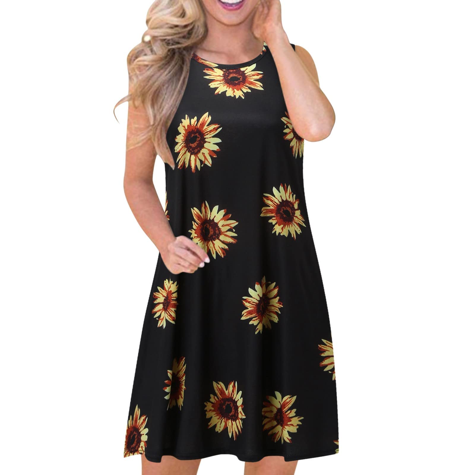 Women's Casual Sleeveless Swing Dress with Round Neck & Pocket - Floral Printed Pullover Tank Dress for Summer Outfits, Beach Wear, and Daily Comfort