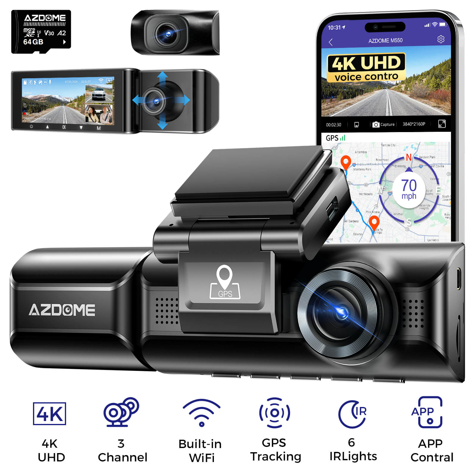 AZDOME M550 3-Channel 4K Dash Cam with 3.19