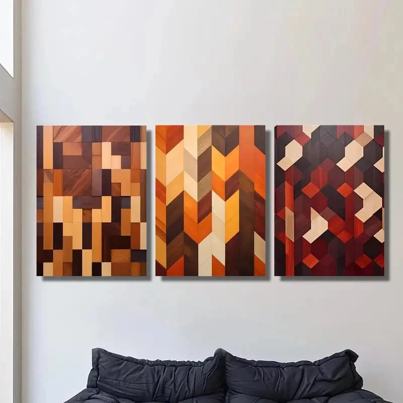 3-Piece Geometric Shapes Wood Texture Metal Wall Art - Minimalist Modern Decor for Living Room, Bedroom & Office - Ready to Hang Home Decor