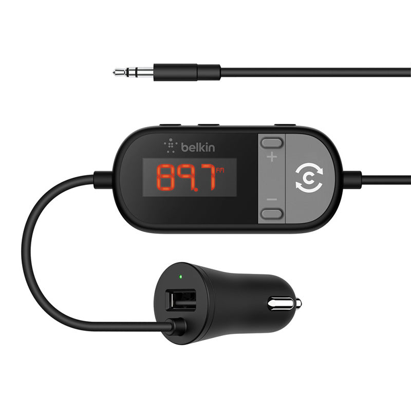 Belkin TuneCast In-Car FM Transmitter with 3.5mm Audio Jack & USB Car Charger - Wireless Music Streaming for Road Trips & Commuting