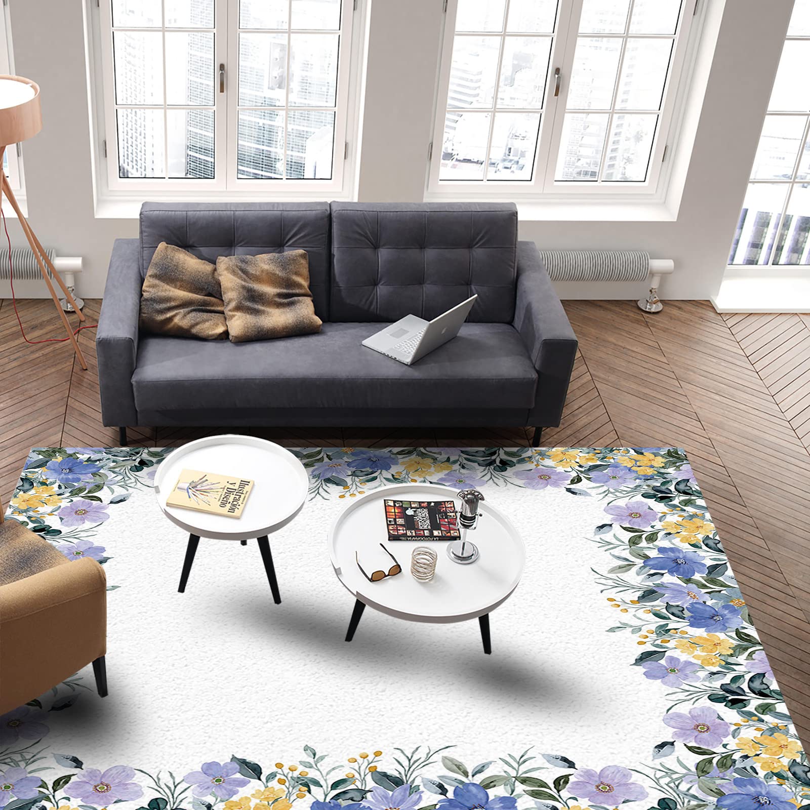 Soft Floral Area Rug 5' x 8' - Non-Slip Living Room Rug, Dining Room Carpet, Bedroom Floor Mat with Purple Flowers & Leaves Design - Cozy Home Decor for Family Rooms, Dorms & Apartments