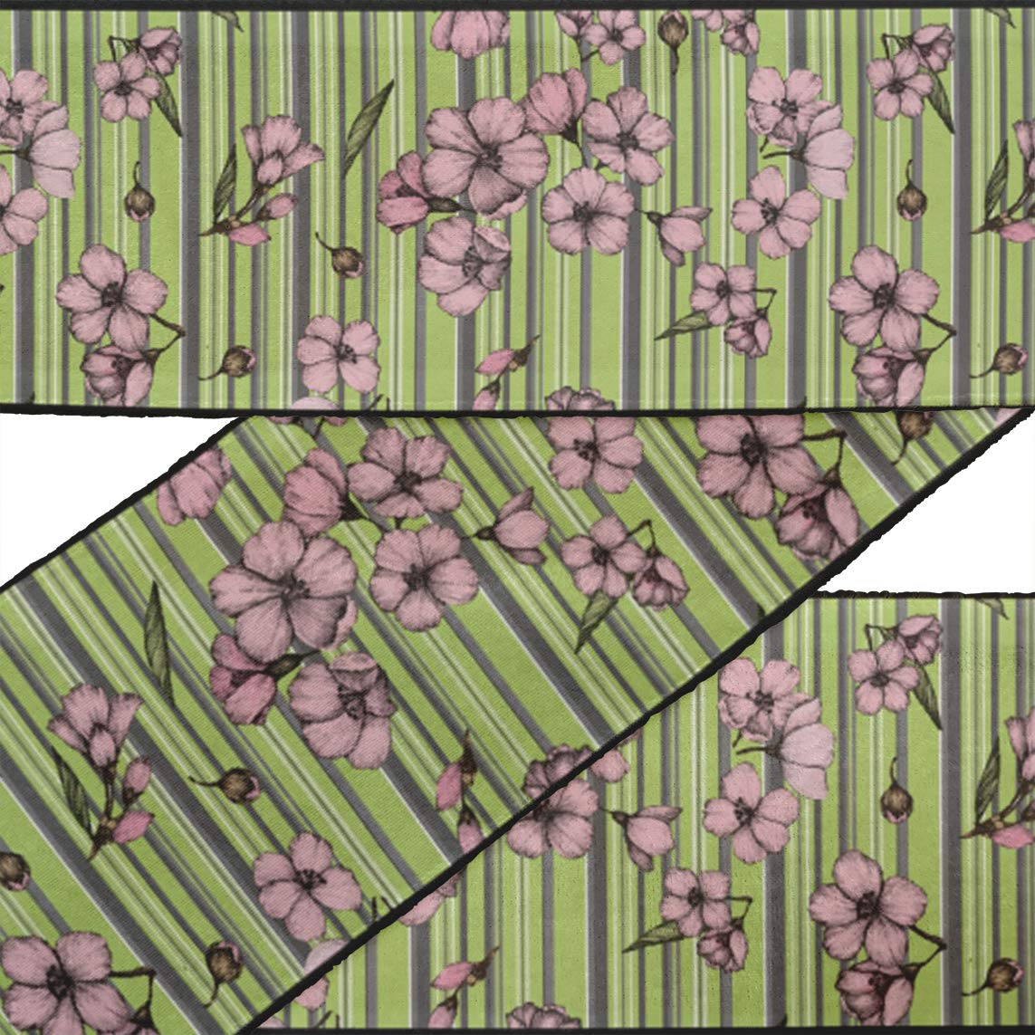 Green Stripe & Floral Printed Velvet Ribbon Trim - 9 Yards, 3 Inches Wide - Premium Fabric Lace for Sewing, Crafts & DIY Accessories | Perfect for Gift Wrapping, Scrapbooking & Home Decor