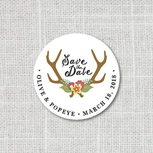 Deer Antler Save The Date Stickers - Rustic Wedding Invitation Labels for Woodland Theme, Floral Antler Design (7:21) - Perfect for DIY Wedding Stationery and Bridal Shower Decorations