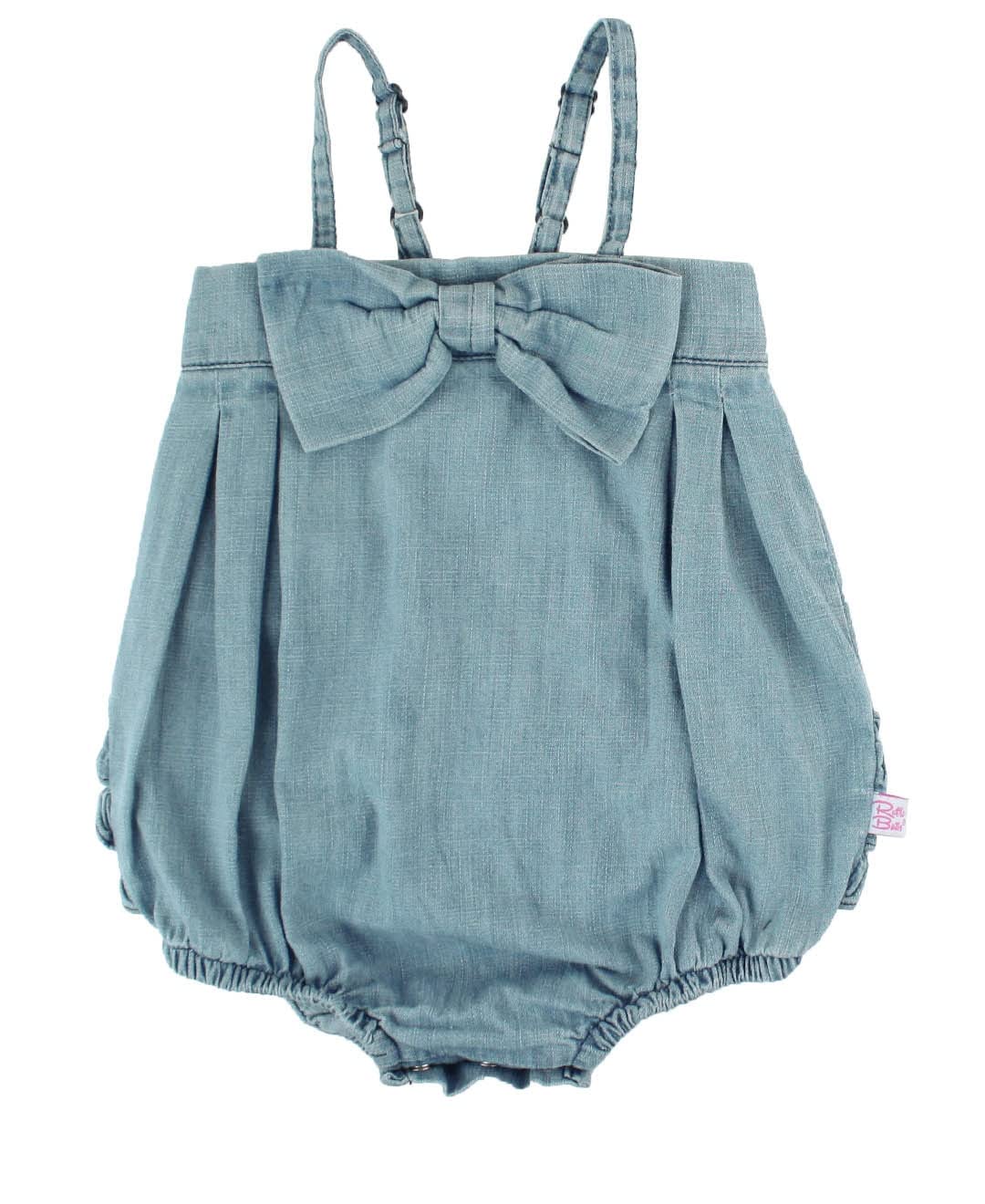RuffleButts® Baby & Toddler Girls Light Wash Denim Bow-Front Bubble Romper - Cute Outfit for Playdates, Photo Shoots & Special Occasions