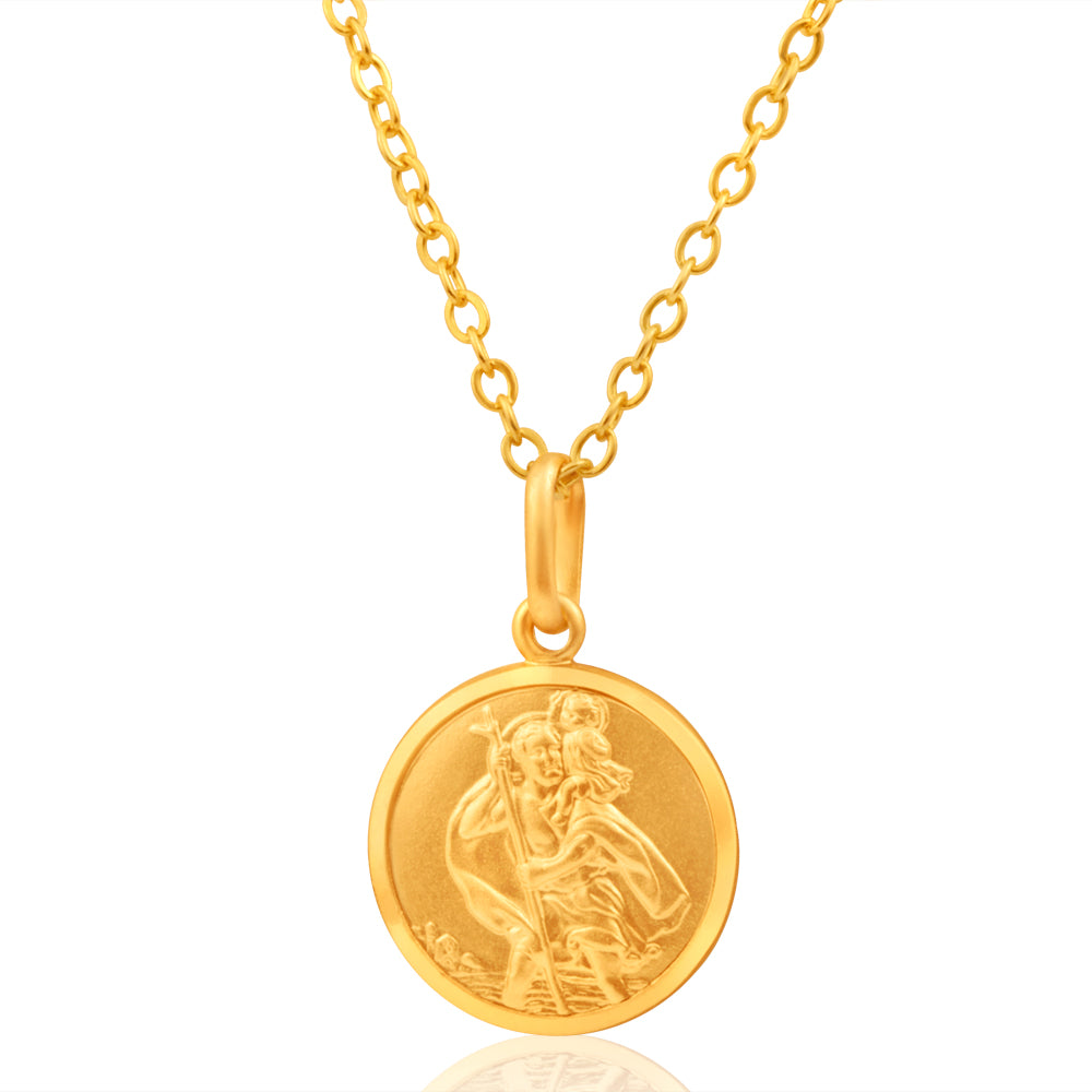 9ct Yellow Gold 14mm St Christopher Round Pendant Necklace - Religious Jewelry for Men & Women - Perfect for Travel Protection & Faith Gifts