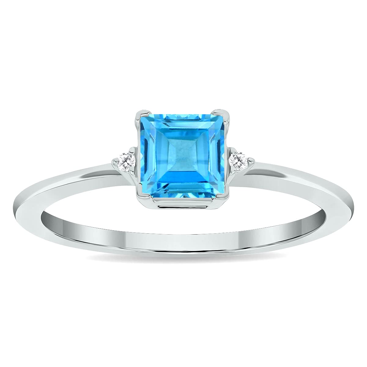 10K White Gold Women's Princess Cut Blue Topaz & Diamond Classic Band Ring – Perfect for Engagement, Anniversary & Special Occasions