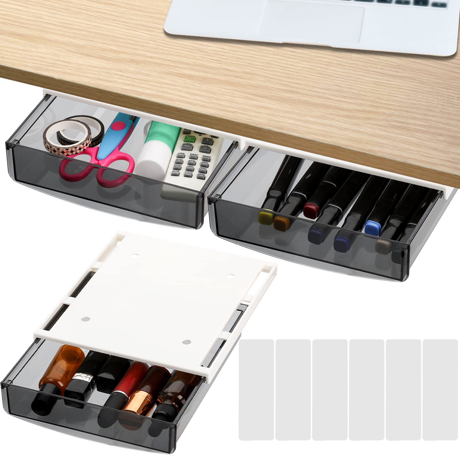SOUJOY 3 Pack Under Desk Drawer Organizer - Self-Adhesive Slide Out Storage Tray for Office, Home, School & Kitchen - Space Saving Hidden Storage Solution for Desks, Tables, Sewing Stations & Workstations