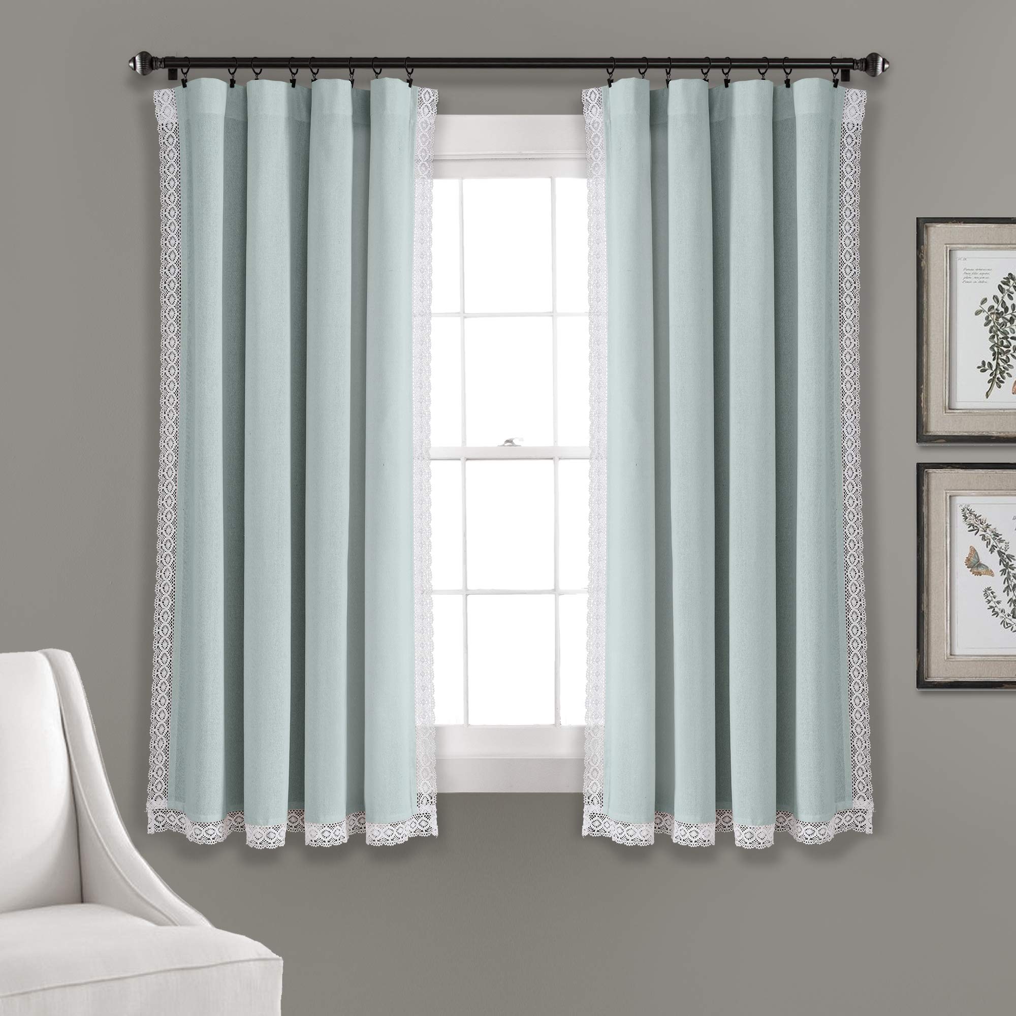 Lush Decor Blue Rosalie Farmhouse Window Curtains - Rustic Style Panel Set for Living Room, Dining Room, Bedroom (Pair, 63” x 54”) - Perfect for Cozy Home Decor & Light Control