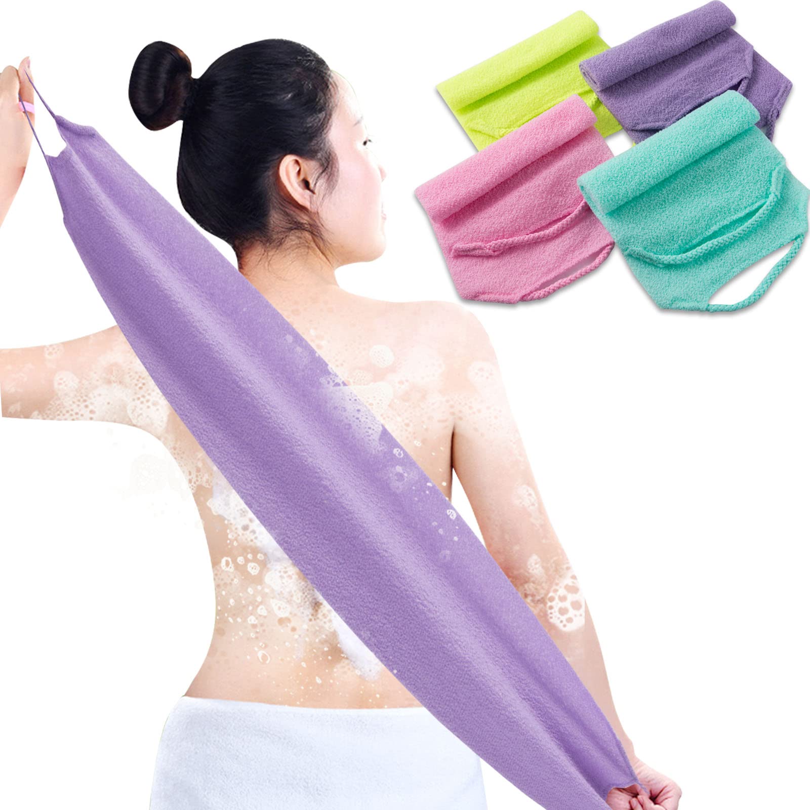 4-Piece Exfoliating Back Scrubber Set with Handles - Extra Long Nylon Body Scrubber, Stretchable Washcloth with Pull Strap for Deep Cleansing & Skin Massage - Perfect Shower Scrub for Women & Men - Ideal for Hard-to-Reach Areas & Spa-Like Experience at Home