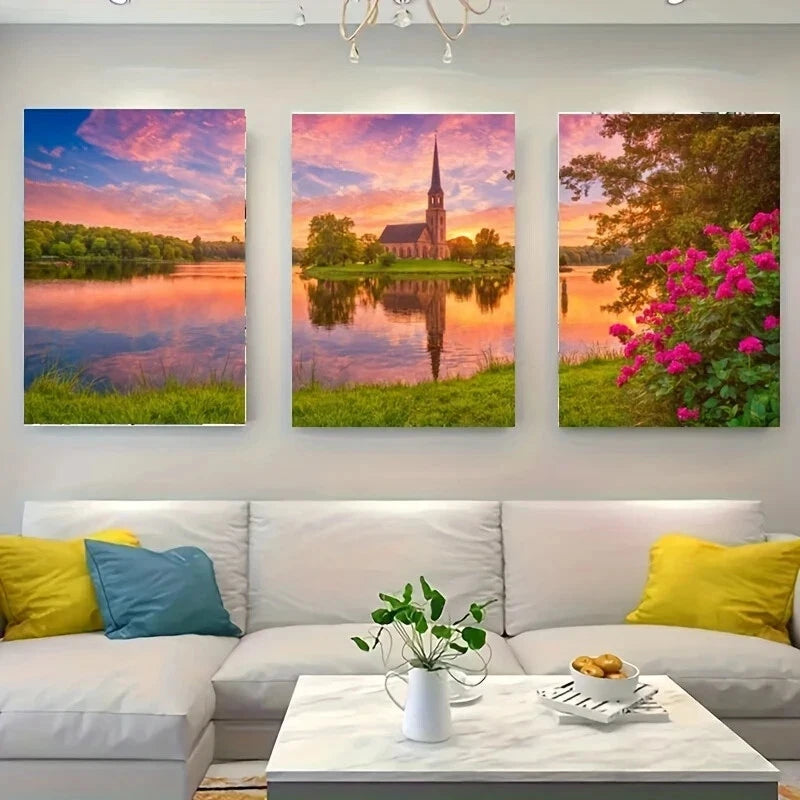 3-Piece Metal Print Wall Art - Stunning Sunset Over Lake Landscape, Ready to Hang - Perfect for Living Room, Bedroom & Office Decor