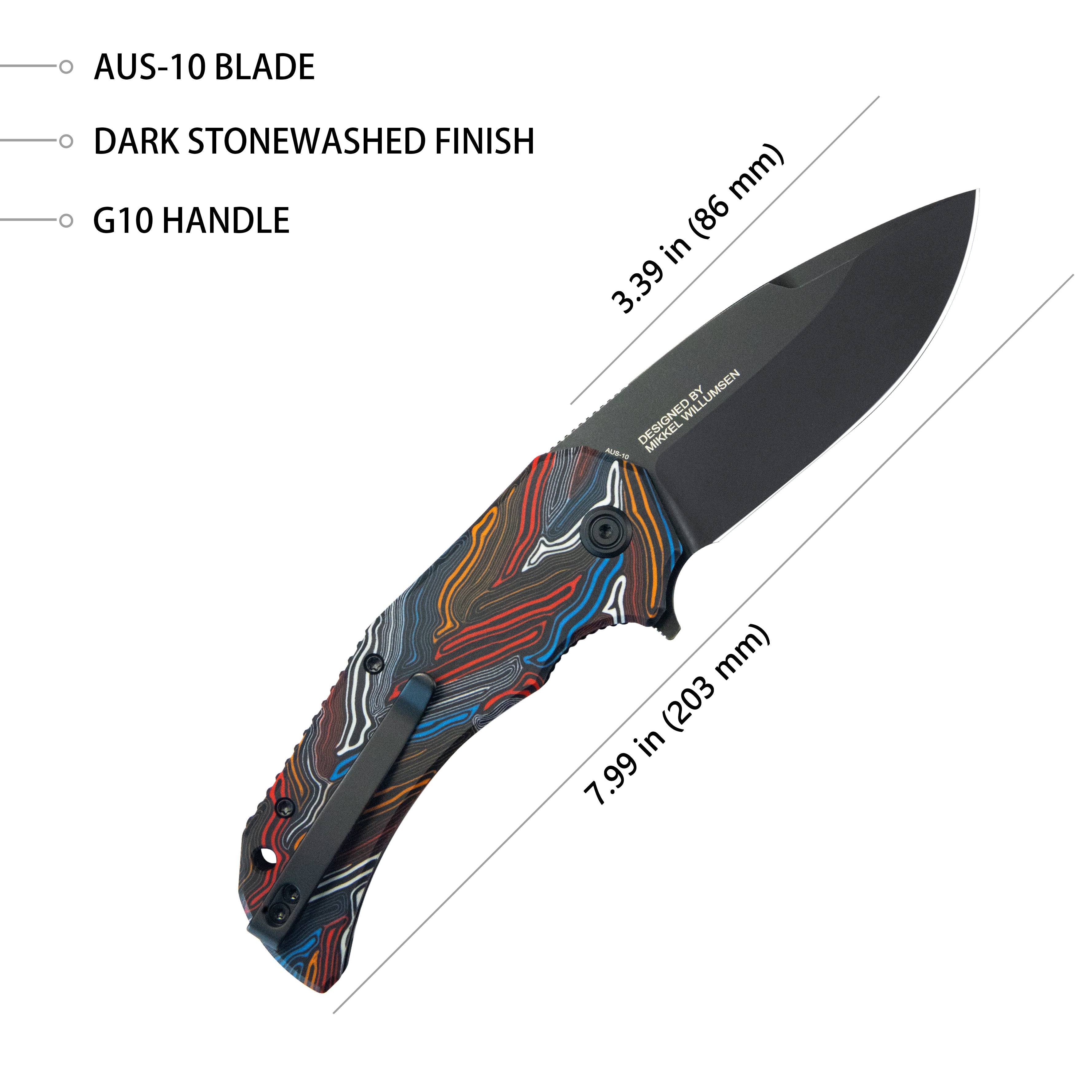 Premium Mikkel Willumsen Bravo One Drop Point Folding Knife - Damascus Steel Blade, Colorful G10 Handle, 3.39