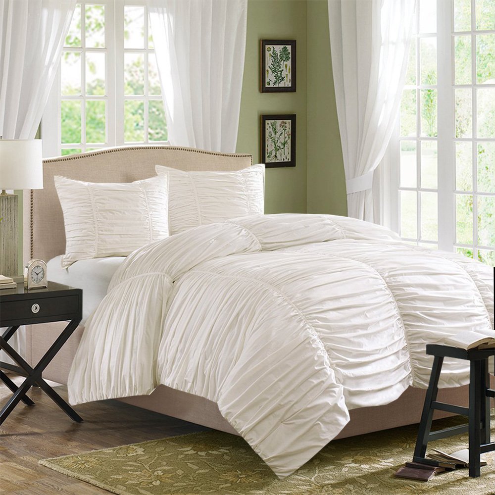 H&H Decor 3-Piece Gathered Duvet Cover Set - 100% Egyptian Cotton 650 Thread Count - Super King Size - Solid White - Luxury Bedding for Master Bedroom & Guest Room