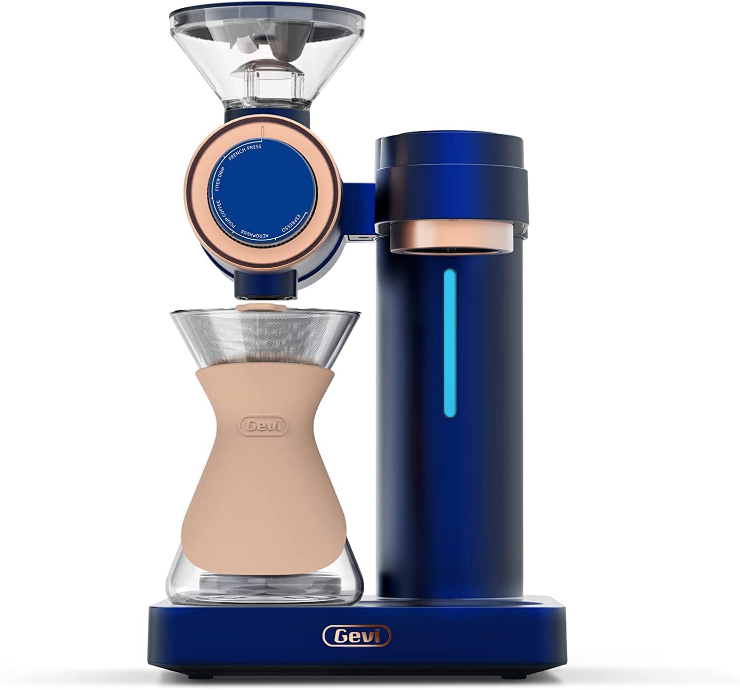 Gevi 4-in-1 Smart Pour-over Coffee Maker with Built-In Grinder - 51 Grind Settings, Auto Barista Mode & Fast Heating (1000W) - Perfect for Home, Office & Coffee Enthusiasts - Blue Aluminum Design