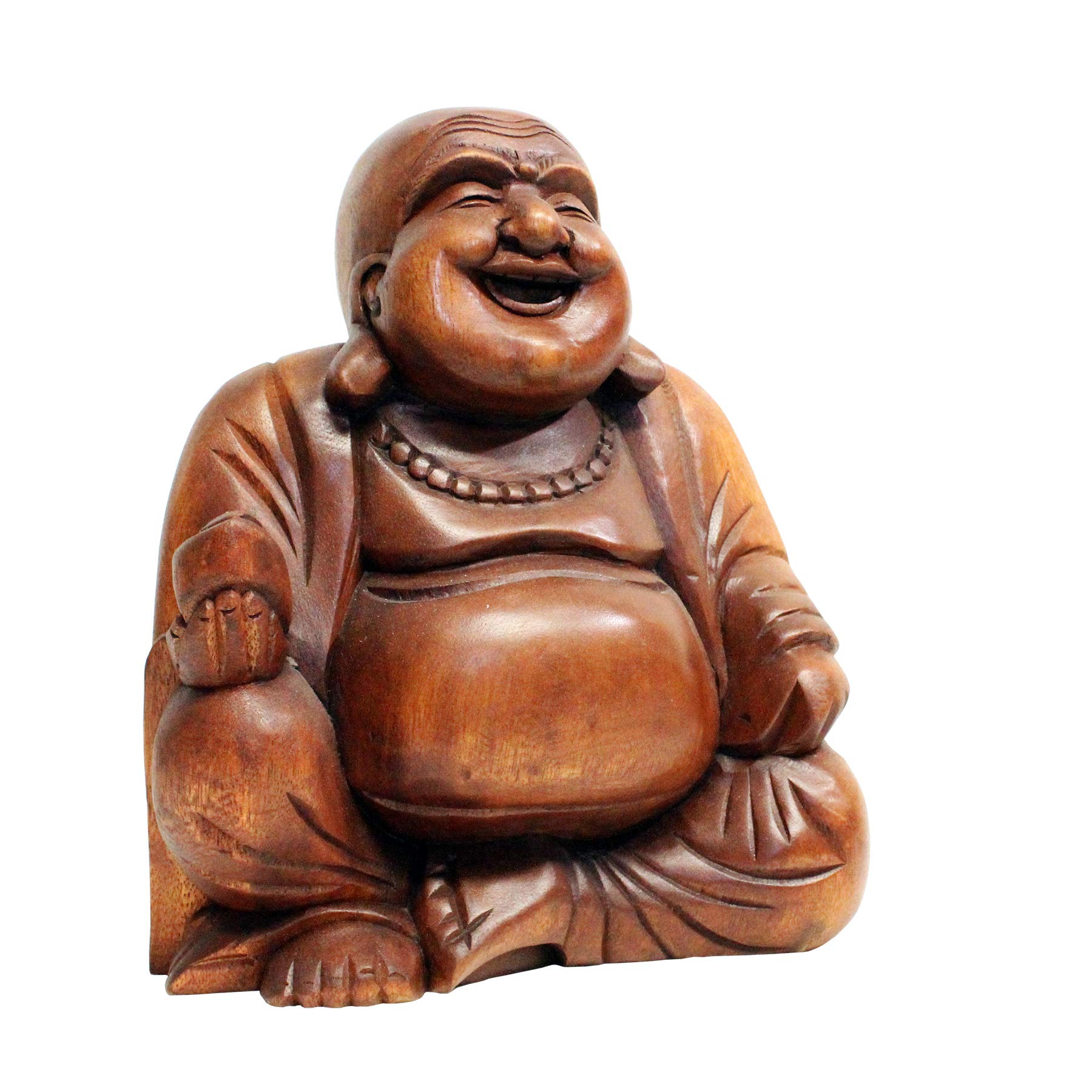Hand Carved Chinese Jolly Buddha Statue - Brown Mahogany Finish Wooden Decor for Home, Office & Meditation Spaces | Cohasset Gifts